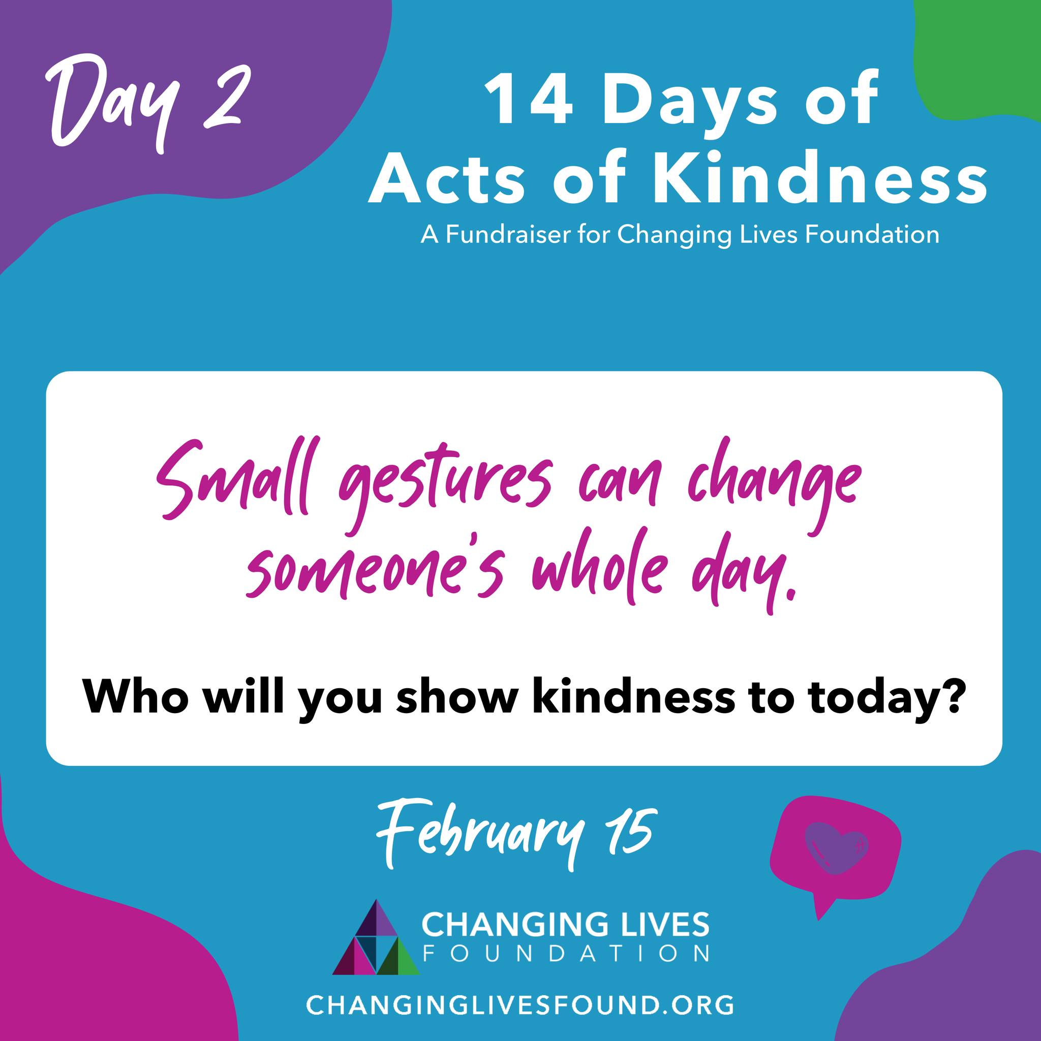 Small acts grow when we share them.
Tell us yours in the comments and share this to challenge a friend to do the same.
#changinglivesfound #up2Him #nonprofit #fundraiser #kindness #actsofkindness #14days #february #day2