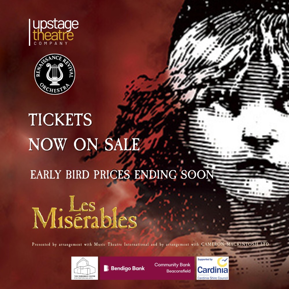 ⏰ EARLY BIRD PRICES END SOON!
Book now for LES MISÉRABLES and secure the best seats at the best price.
Don’t miss your chance to see this epic musical in Berwick.
🎟 Book now before prices rise!
Visit www.upstagetheatrecompany.com
to book tickets for
🎶 LES MISÉRABLES with Upstage Theatre Company