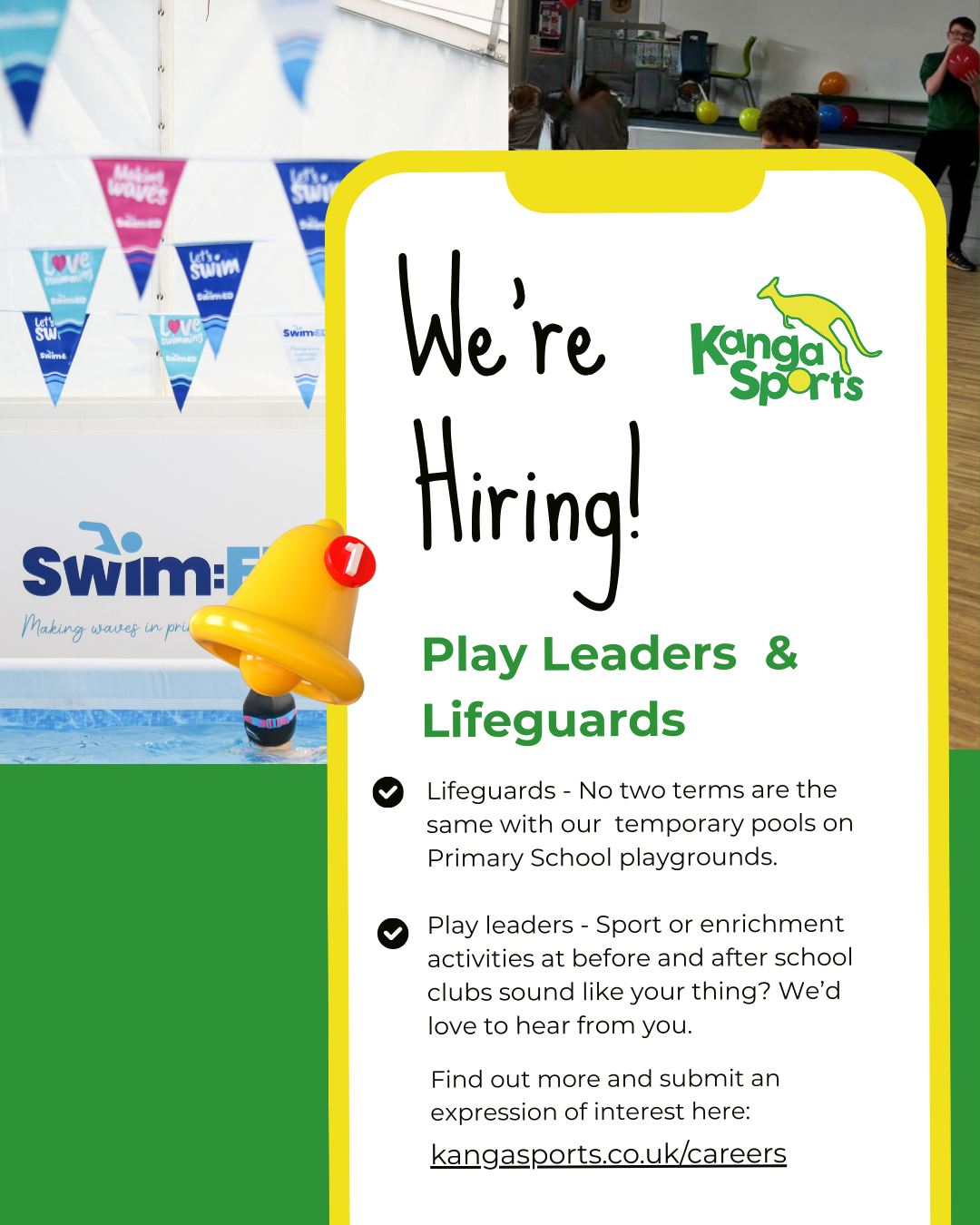We’re hiring! 💚
✨ Play Leaders
🏊 Lifeguards
Love working with kids? Full of energy? Ready to make a difference?
Join the Kanga Team!
Apply now 👉 kangasports.co.uk/careers
#KangaSports #WeAreHiring #PlayLeader #LifeguardJobs #KidsActivities #Skipton #Bradford #Keighley #craven