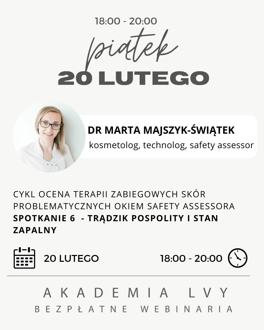 Czy wiesz, że przewlekły stan zapalny skóry potrafi utrzymywać się miesiącami… nawet gdy wydaje się, że trądzik jest „pod kontrolą”?
20 lutego 2026 spojrzymy na trądzik oczami safety assessora — analitycznie, precyzyjnie i z naciskiem na bezpieczeństwo terapii.
Nauczysz się przeprowadzać wywiad, który ujawnia prawdziwe źródła problemu, planować zabiegi krok po kroku, dobierać składniki aktywne i wykluczać te potencjalnie drażniące.
Do tego studia przypadków oraz omówienie zachowań, które najbardziej sabotują terapię.
Idealne dla osób, które chcą prowadzić pacjentów świadomie, mądrze i z uwzględnieniem ryzyka zaostrzeń.
@kosmetolog.technolog