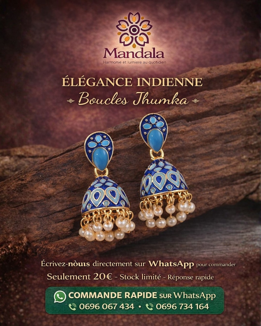 ✨ L’élégance indienne au bout des oreilles ✨
Les boucles Jhumka Mandala incarnent le raffinement et la féminité, inspirées de la tradition indienne et revisitées avec une touche moderne.
Chaque paire sublime vos tenues avec caractère, élégance et délicatesse.
💙 Un bijou qui attire le regard
💙 Un style à la fois chic et intemporel
💙 Parfait pour sublimer le quotidien comme les occasions spéciales
✨ Stock limité
✨ 20€ seulement
📩 Commande rapide et simple sur WhatsApp
📞 0696 067 434 | 0696 734 164
#Mandala #BraceletPierreNaturelle #BijouxArtisanaux