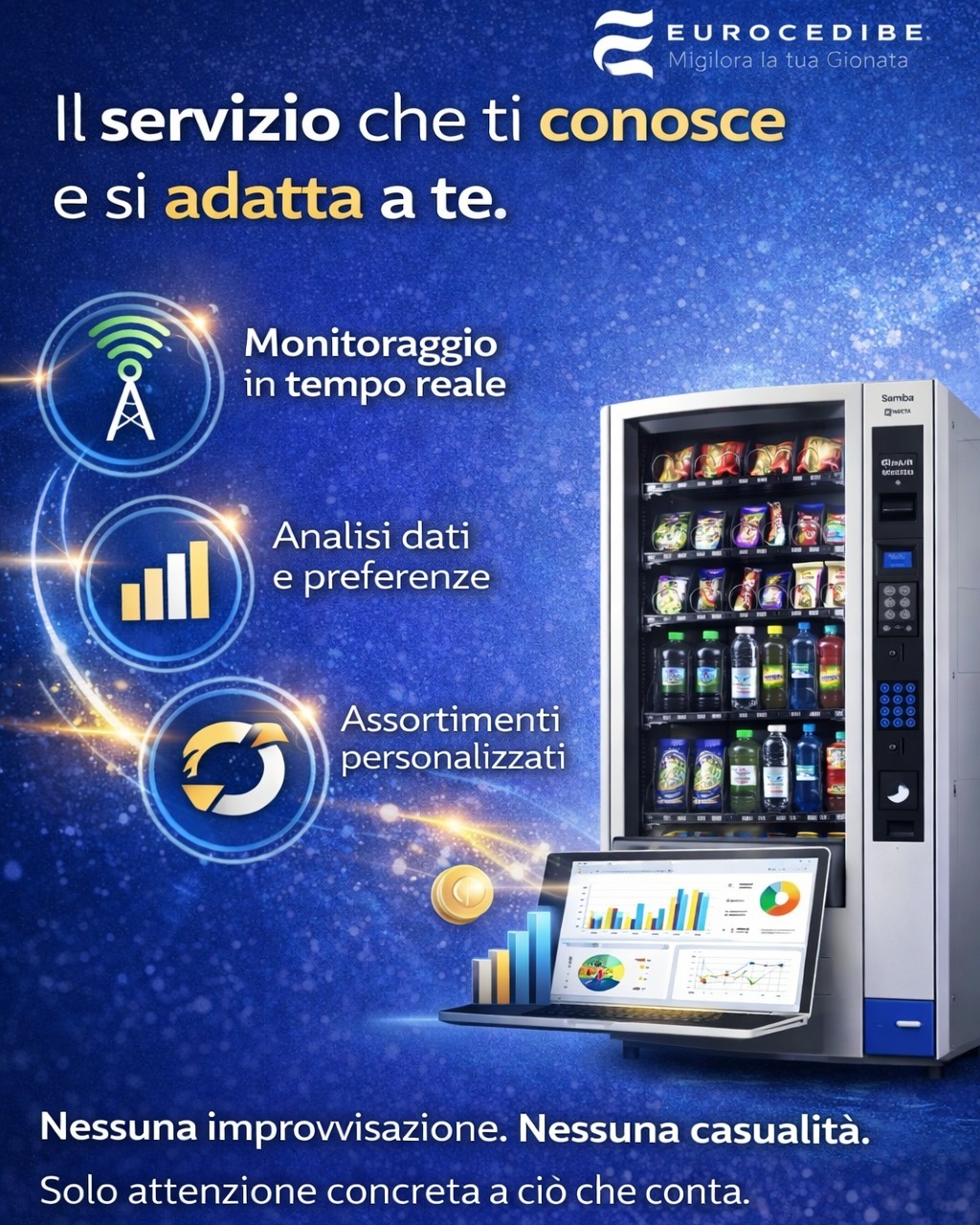 Il prodotto preferito… è sempre il primo a sparire. 🍫🚫
Succede spesso: lo snack più richiesto, la bevanda più apprezzata, il must-have del tuo team… è sempre esaurito.
Non è una coincidenza. È un segnale chiaro:
🔍 manca ascolto
📦 manca personalizzazione
📉 manca un sistema basato sui dati.
Un fornitore che rifornisce “a memoria” o “per abitudine” non sta solo facendo male il suo lavoro. Sta comunicando una cosa sola: non mi interessa davvero chi siete e cosa vi piace.
Noi facciamo l’esatto opposto.
📡 Usiamo la telemetria per monitorare i consumi in tempo reale
📊 Analizziamo i dati per capire preferenze, abitudini e picchi
🔄 Adattiamo l’assortimento in base alle scelte reali delle persone che usano i distributori
Nessuna improvvisazione. Nessuna casualità. Solo attenzione concreta a ciò che conta.
Vuoi un servizio che ti conosce e si adatta a te?
Contattaci per scoprire il nostro rifornimento intelligente:
🌎 https://www.eurocedibe.it/miglioralatuagiornata
📞 800.943.011
📧 info@eurocedibe.it
#Eurocedibe #RifornimentoPersonalizzato #TelemetriaReale #SnackSempreDisponibili #VendingSuMisura #ServizioProattivo