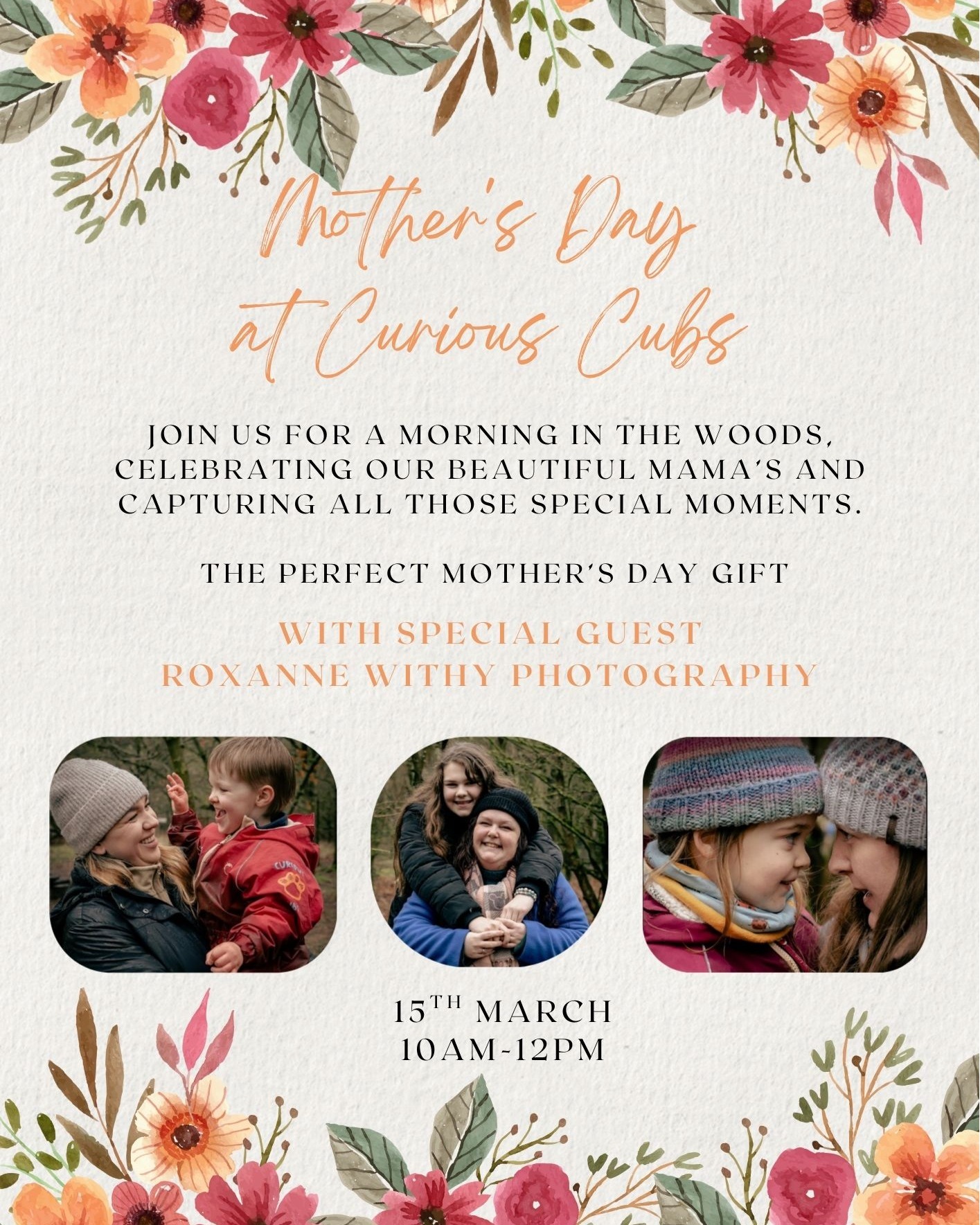 🌿💛 Mother’s Day at Curious Cubs 💛🌿
Join us for a magical morning in the woods as we celebrate our beautiful Mama's and capture those truly special moments together.
We’re so excited to welcome Roxanne Withy Photography, who will be offering personal mini photoshoots for you and your little ones - because we know how rare (and precious!) it is to get gorgeous photos with your children instead of always being the one behind the camera. 📸✨
This is the perfect Mother’s Day gift - time together, memories made, and moments captured forever.
🌸 15th March
⏰ 10am – 12pm
💷 £12 per child
💷 £8 per additional sibling
👨👩👧👦 Adults are FREE — with no limit on how many can attend!
📷 Take a look through the images to see some beautiful examples of Roxanne’s work.
Please note: Additional costs apply for photography packages. For more information, contact @roxanne_withy_photography directly.
Bring the whole family and share the love this Mother’s Day — we can’t wait to celebrate with you all! 💕🌲
Book Here 👉 www.curiouscubs.co.uk/book