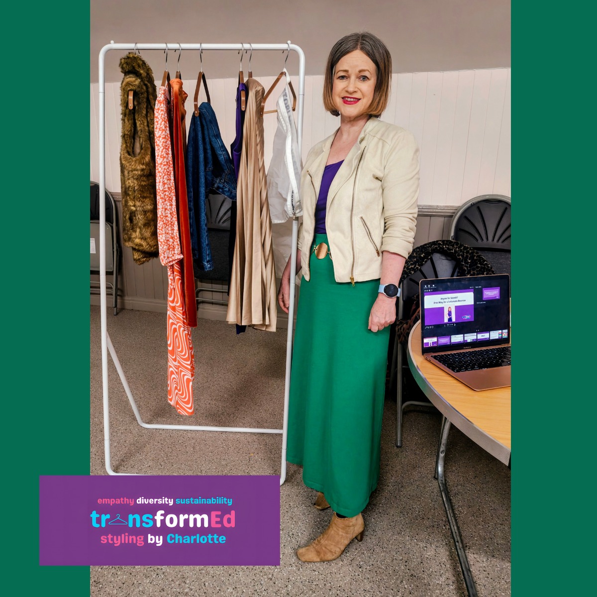 What's your top fashion sustainability fact? I wonder if it's one I include in my Anyone for Seconds? Dress Today for a Sustainable Tomorrow talk like the one I delivered in Leven on Monday.
When I don't have access in a venue to a projector, I take my clothes rail* to illustrate the talk.
* I also take the spouse (or rather he takes me) because the rail doesn't fit in Biddy the Smart car!).
#sustainablefashion #speaker #personalstylinghull #sustainablestyle #personalstylisthull