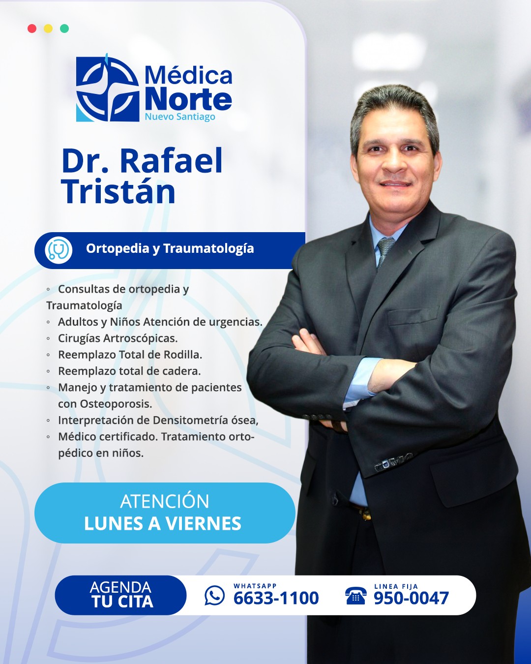 Un buen tratamiento empieza cuando el paciente se siente en confianza.
En Médica Norte, el Dr. Rafael Tristán, especialista en ortopedia y traumatología, es reconocido por su trato cercano y su forma clara de explicar cada caso.
La consulta se enfoca en evaluar tu condición, definir el manejo adecuado y acompañar el proceso de recuperación con una guía médica confiable.
📲 Agenda tu cita: 6633-1100
☎️ Línea fija: 950-0047
📍 Médica Norte
🗓️ Atención de lunes a viernes
#MédicaNorte #Ortopedia #Traumatología #AtenciónCercana #Movilidad #TuGuíaAUnaMejorSalud