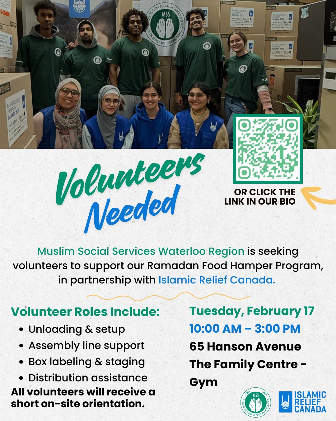 🌙 Volunteers Needed for Our Ramadan Food Hamper Program
MSSWR is looking for volunteers to help us pack and distribute Ramadan food hampers in partnership with Islamic Relief Canada.
From unloading and setup to assembly line support and distribution, every role plays a part in ensuring families in our community are supported this Ramadan.
Join us on Tuesday, February 17 (10:00 AM – 3:00 PM) at The Family Centre – Gym.
Scan the QR code or click the link in our bio to sign up! Let’s come together to serve with intention this Ramadan.