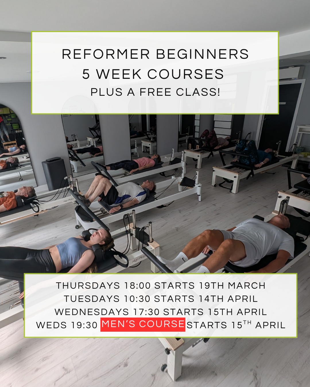 Beginner Pilates on the Reformer. Your chosen course will run for 5 consecutive weeks + a FREE class of your choice at the end.
Learn in a small group from scratch. All shapes, sizes, fitness levels, ages (and even those rehabbing from injury) are welcome! No judgement, no worry, just relax and know our carefully handpicked team will nurture you whatever your ability.
Book via home page of our website. My Pilates Fix Studios, directly opposite Upminster Station.
#reformerformen #smallgrouppilates #reformerpilatesstudio #beginnerreformer #pilatesnearme #pilatesbeginner