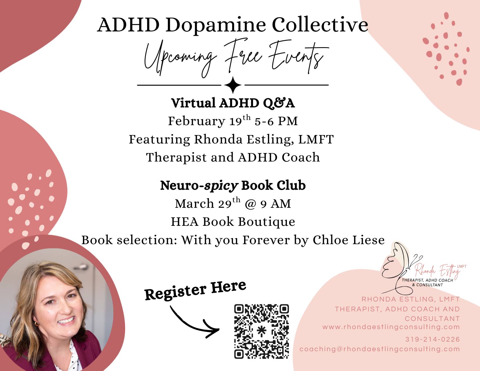 WOW. You guys really showed up for the Dopamine Menu event! 🥂
It sold out faster than I could even post about it, so if you’re looking to join the next round of shenanigans, here is your official heads-up! 📢
I have two awesome (and FREE!) events coming up that you won’t want to miss:
Next Week: I’m hosting a Virtual Q&A! Bring all your hot-button ADHD questions. 🎤
March: We are heading back to HEA Book Boutique for our first ever Neuro-spicy Book Club! 🌶️📚
Pro-tip: Support local and grab your copy directly from HEA—they’ve got plenty in stock and ready for you.
Spots fill up fast, so grab your link in the Bio and let’s hang out!