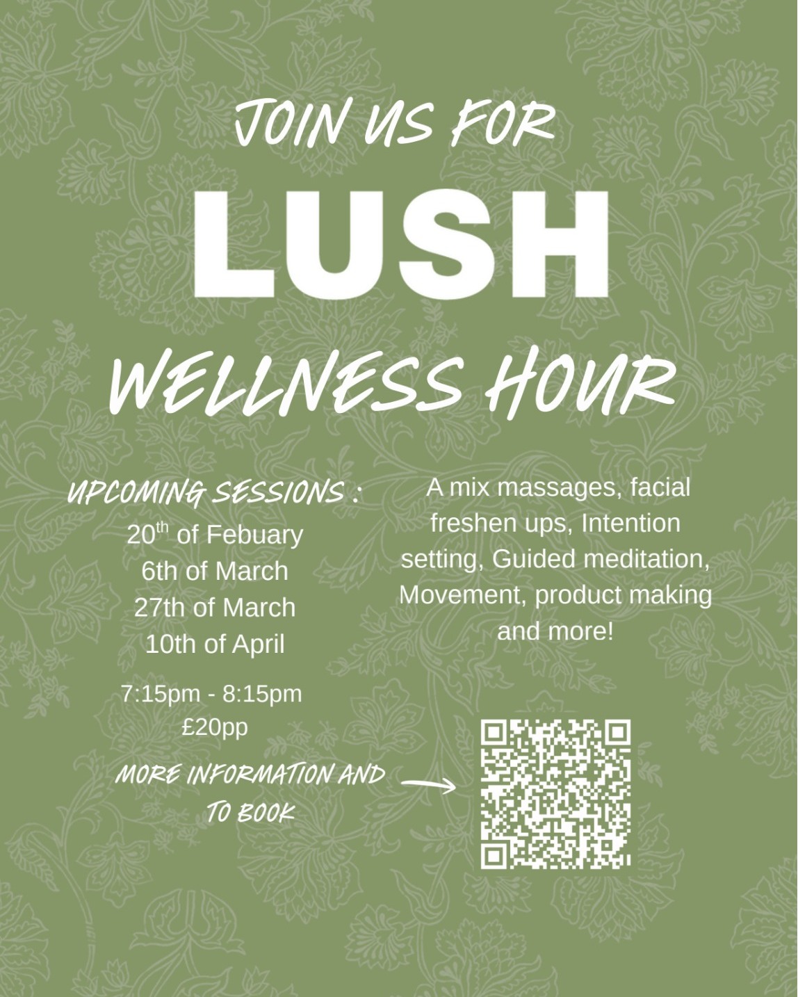 LUSH Swansea Wellness Hour
Upcoming sessions NEW DATES**
To book:
https://www.eventbrite.co.uk/e/lush-swansea-wellness-hour-tickets-1979855066801
@lushswansea
#wellnesshour #facial #movement #wellness #meditation #wellbeing #selfcare
@wellbeingswansea