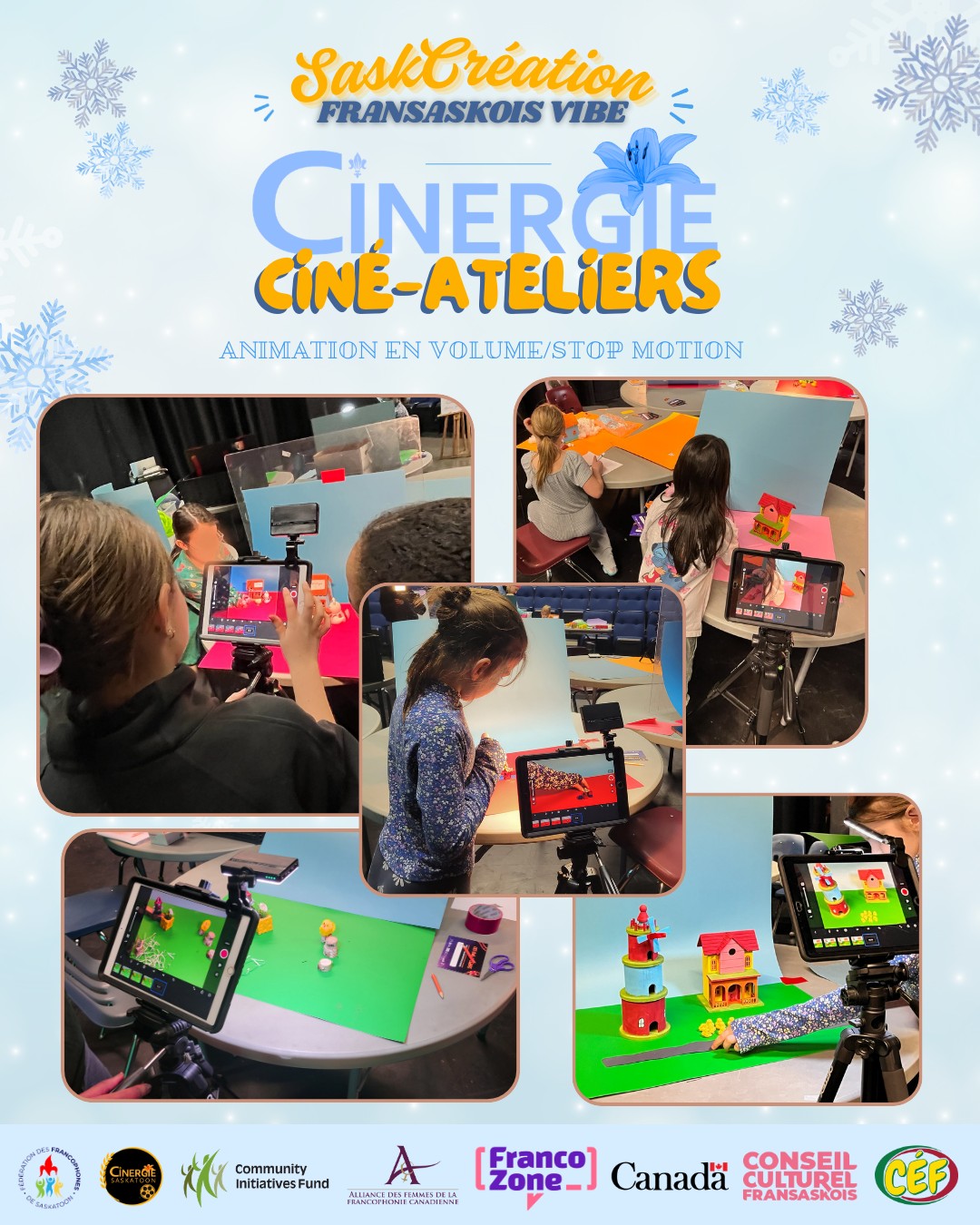 ✨ Quel magnifique moment d'apprentissage et d'activités nous avons partagé lors de l'événement SaskCréation Fransaskois Vibe: CINÉ-Ateliers au Carnaval d’hiver, le samedi 7 février ! ✨🎥⛄
🌟 Cet atelier a rassemblé familles francophones, bilingues, exogames et nouvelles-arrivantes, et enfants de tous âges et parlant différentes langues, autour de la création d'animation en volume ("stop motion"), rendant la participation cinématographique plus accessible, tout en valorisant la transmission du français. 🤩🎊
🙌 Ce projet a été réalisé avec le soutien du programme FrancoZone de l'Alliance des femmes de francophonie canadienne, le Conseil Culturel Fransaskois, le Gouvernement du Canada, le Community Initiatives Fund et le Conseil des Écoles Fransaskoises. 🌟
#AFFC #FrancoZone