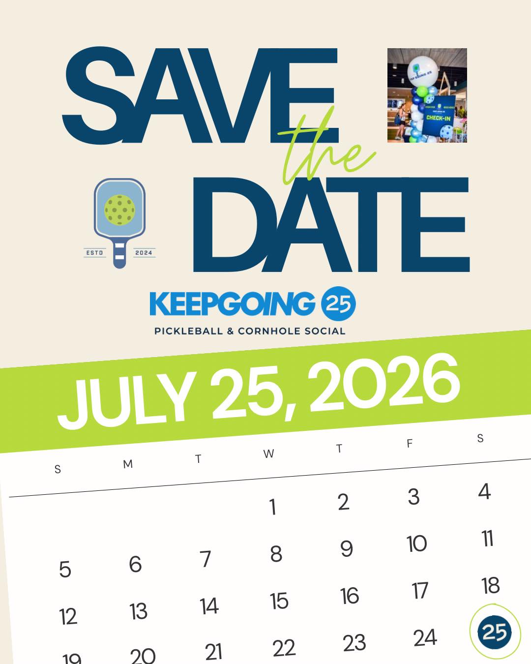 SAVE THE DATE! 👏
Our 3rd annual KG25 Pickleball & Cornhole Social is back at @thepicklelodge on Saturday, July 25th.
Something about this year’s date feels lucky to us 😉.
Stay tuned for more details!