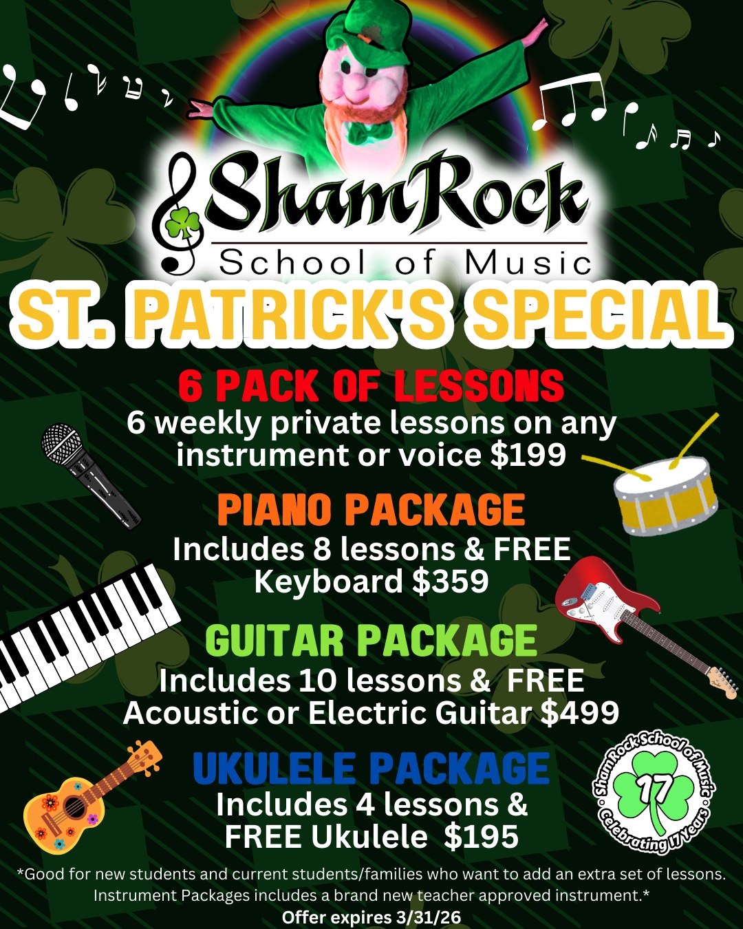 St. Patrick's Specials start now! Great for beginners of any age! Visit our website to register for a free trial lesson! ShamRockSchoolofMusic.com