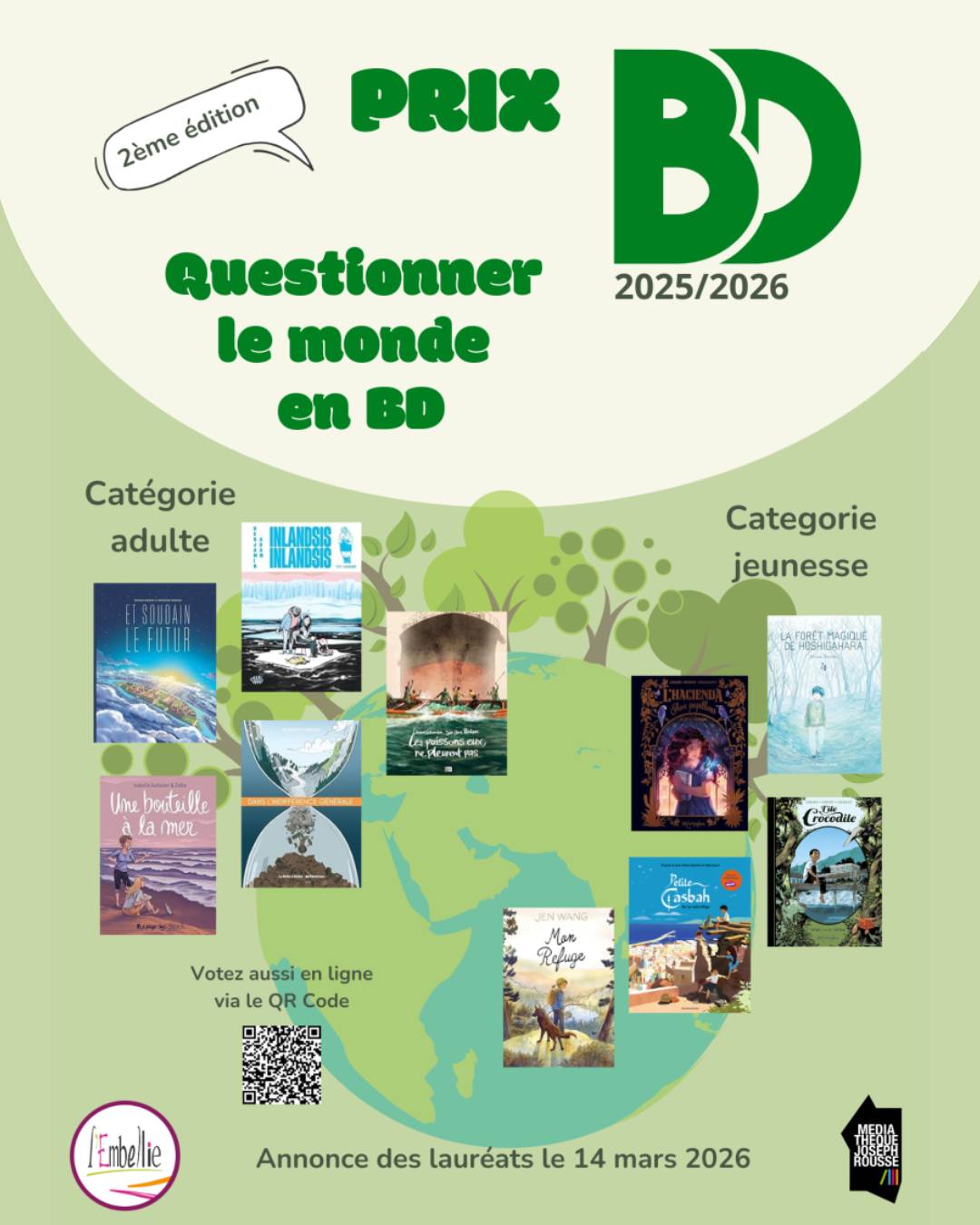 N'hésitez pas à venir emprunter à la librairie les BD de la deuxième édition du Prix BD organisé par la @mediathequelaplainesurmer et @librairie.embellie !
Cette année la sélection s’est faite autour de la thématique : Questionner le monde en BD.
Pour cette 2ème édition, la bande dessinée jeunesse rejoint la sélection du Prix.
À vous de lire et voter parmi les 5 bandes dessinées destinées aux adultes et les 5 dédiées à la jeunesse.
Vous pouvez voter à la médiathèque, à la librairie l'Embellie ou directement en ligne via le QR Code
Annonce des lauréats le 14 mars 2026
#BD #librairieindependante #prixbd