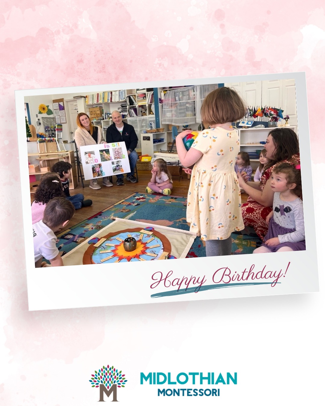 How do Montessori students celebrate birthdays?
On the day of their ceremony, we build a map of the solar system with a candle representing the sun and the months of the year labeled on the Earth's orbit. The student of the week carries a globe around the sun. Once for each year of their life. After the final circumnavigation our students sing the Montessori birthday song, a song celebrating belonging and peaceful existence. From the smallest to the tallest, every student beams with pride on their special day. Happy birthday!