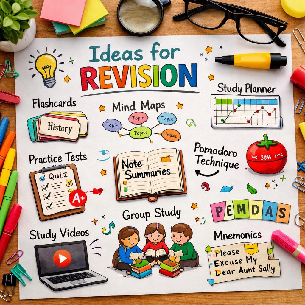 Revision doesn’t have to mean staring at a textbook for hours. The most effective revision is active, varied, and spread over time.
Here are some simple ideas that really work:
• Flashcards for key facts and vocabulary
• Mind maps to connect ideas
• Practice tests to check what you actually remember
• Short note summaries instead of rereading pages
• Pomodoro (25-minute) focus sessions
• Study videos for tricky topics
• Group study to talk through learning
• Mnemonics to remember sequences and rules
Small, regular revision sessions are far more effective than last-minute cramming. They strengthen memory, build confidence, and reduce stress before exams.
For many learners — especially those with dyslexia or attention differences — structured revision strategies like these can make a huge difference.