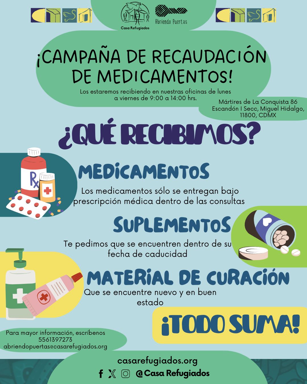 Hoy necesitamos tu apoyo para reunir medicamentos y fortalecer este espacio comunitario.
Cada donación contribuye a que podamos acompañar a más personas.
¡Solidaridad ante la incertidumbre!
#CasaRefugiados #Solidaridad