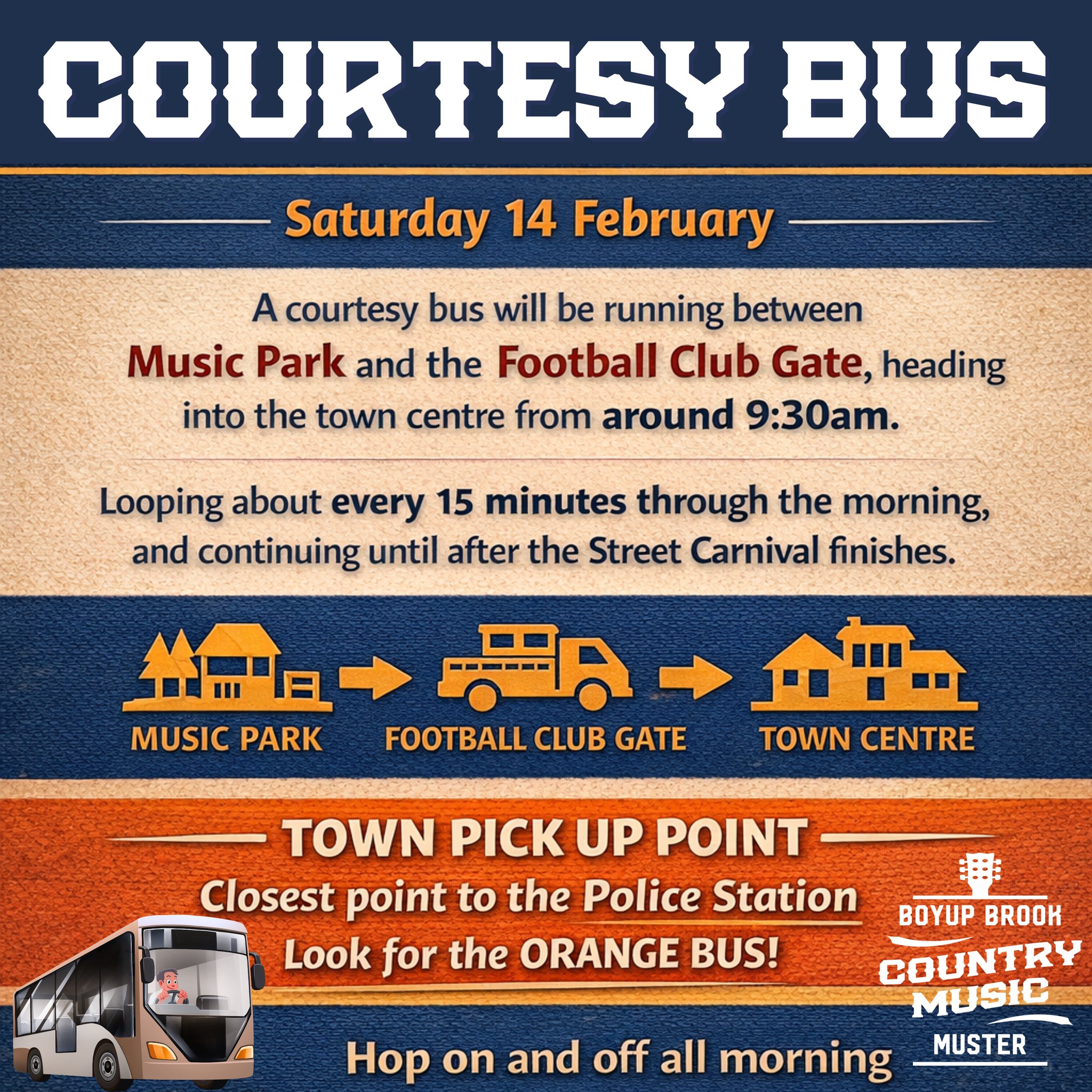 COURTESY BUS INFO 🚌🧡
A courtesy bus will be running on Saturday 14 February between Music Park and the Football Club Gate, heading into the town centre from around 9:30am.
It’ll loop about every 15 minutes all morning and keep going until after the Street Carnival finishes.
Look for the orange bus 🧡
Hop on and off all morning, it's the easiest way to get to the action!
