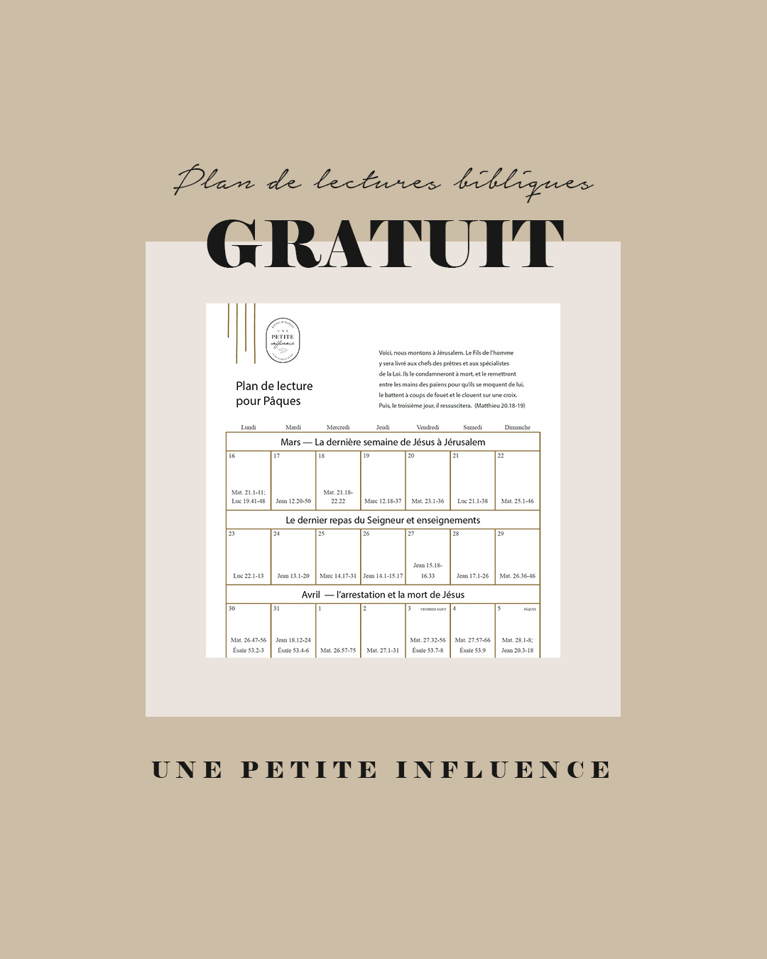 J'ai préparé un plan de lectures gratuit afin de préparer votre cœur à célébrer Pâques en sa présence.
IL DÉBUTE DANS 2 SEMAINES!
Téléchargez votre plan sur mon site web
#UnePetiteInfluence #FemmesDeFoi #Chretienne #Evangile #Devotionnel #Paques
