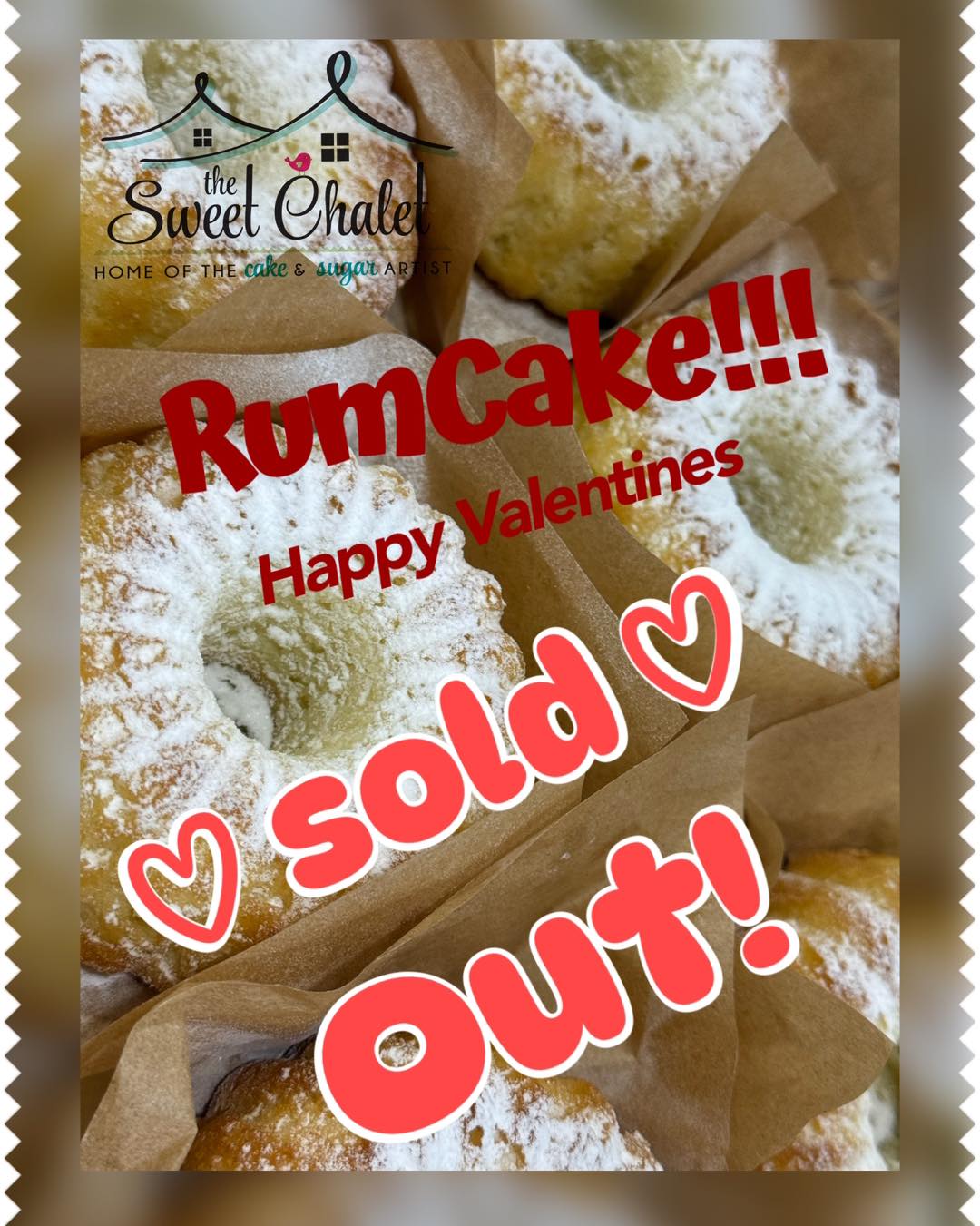 Thank you Sanford!!! Rumcakes are just Sold Out!!! Our one of a kind Small Rumcake just Sold Out for the day!! If you need one this weekend please call to place your Valentine your order for tomorrow’s Pick Up!! Cut off order time is 5:00pm Call now at 321-363-4841 The Sweet Chalet Shoppe! Xo🏠♥️ #orlando #thesweetchaletshoppe #thesweetchalet #rumcake #rumcakes #rumcakelove #sweet #rest #SweetTreats #valentines #valentines #bemyvalentine❤️ #sanford #florida