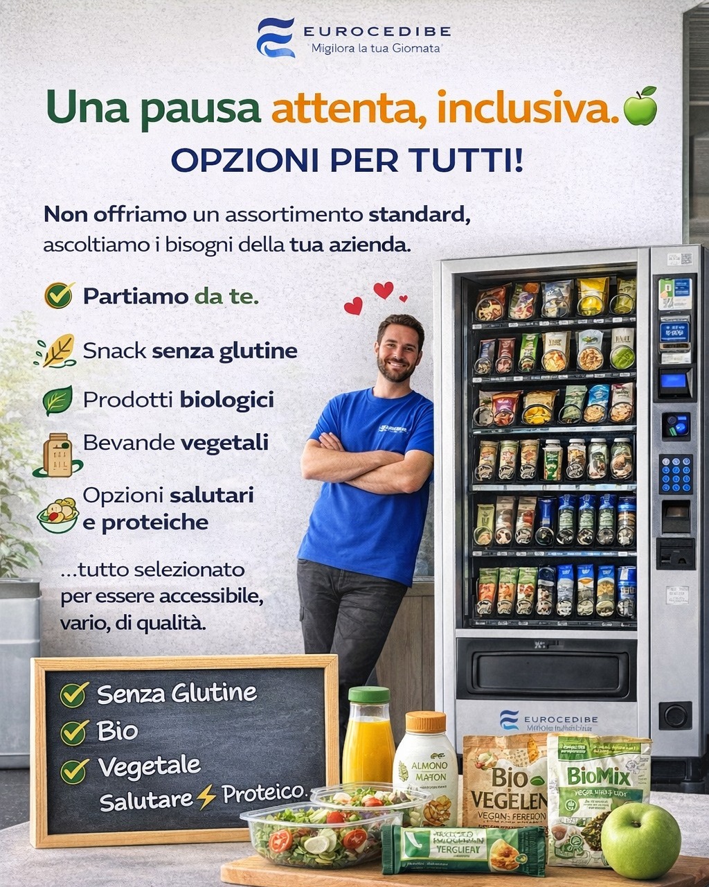 Se la pausa non è per tutti, non è una vera pausa. 🍏
C’è chi sceglie il biologico,
chi deve evitare il glutine,
chi tiene alla linea o segue una dieta specifica.
E poi c’è il distributore… sempre uguale a se stesso.
Offrire un assortimento standard, oggi, non basta più.
Significa ignorare le esigenze reali delle persone.
Significa dire, con i fatti, che l’attenzione al benessere è solo a parole.
In un ambiente di lavoro moderno e consapevole, anche la pausa deve essere inclusiva.
Non un compromesso, ma un servizio pensato davvero per tutti.
Per questo noi non partiamo da un catalogo fisso.
📋 Partiamo da te.
🤝 Costruiamo l’offerta insieme, ascoltando i bisogni reali del tuo team.
🥗 Prodotti bio, snack senza glutine, bevande vegetali, opzioni salutari e proteiche… tutto selezionato per essere accessibile, vario, di qualità.
Perché la pausa è un momento di cura.
E la cura non esclude nessuno.
Vuoi trasformare l’area ristoro in uno spazio più attento e inclusivo?
Contattaci. Troviamo insieme la formula giusta per la tua azienda.
🌎 https://www.eurocedibe.it/miglioralatuagiornata
📞 800.943.011
📧 info@eurocedibe.it
#Eurocedibe #PausaDiQualità #AlimentazioneConsapevole #BenessereInAzienda #distributoriautomatici
