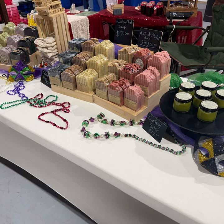 Come join the Mardi Gras fun in DeRidder TODAY – Saturday, February 14th! 🎭💜💚💛
We're set up indoors at the pavilion (nice and cozy out of the weather!), loaded with all your favorites plus some extra sweet treats:
🧼 Handcrafted soaps (mix & match 3 for $20 – scents like Love Spell, Lavender, Oatmeal & Honey, and more)
🧴 Organic whipped body butters ($11) – Vanilla, Lavender, etc.
🫙 Comfrey salve, lip balms, exfoliating bags, gift sets, and Pamper Bags
🍪 New today: Fresh Red Velvet Cheesecake Brownies and Loaded Chocolate Chip Cookies from Something Sweet – grab some while they're hot!
The festival is in full swing: gumbo cook-off tasting, king cake contest, crawfish races, costume contests, kids activities, and the big parade at 4:00 PM. $5 admission for 12+, kids free.
Swing by our indoor booth, say hi, snag some goodies, and let's celebrate Mardi Gras together! See y'all soon! 🦞🥮
#DeRidderMardiGras #SouthernSudsAndPastures #SomethingSweetTreats #MardiGras2026 #ShopLocalDeRidder
Shop online anytime: www.southernsudsandpastures.com/shop-all