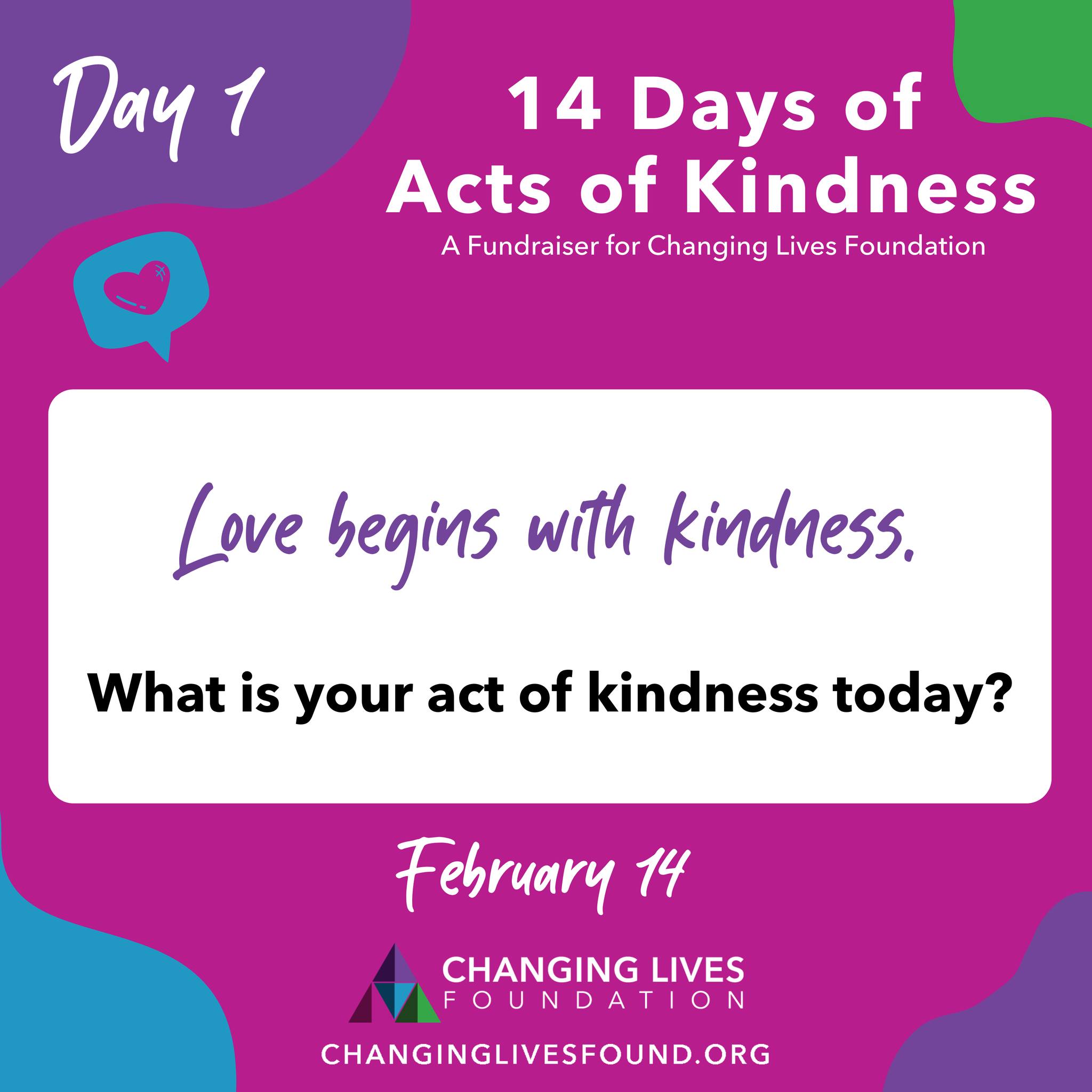 We’re starting a 14 day kindness challenge today.
Comment what you’re doing and share this post to invite someone to join you.
#changinglivesfound #up2Him #nonprofit #fundraiser #kindness #actsofkindness #14days #february #day1