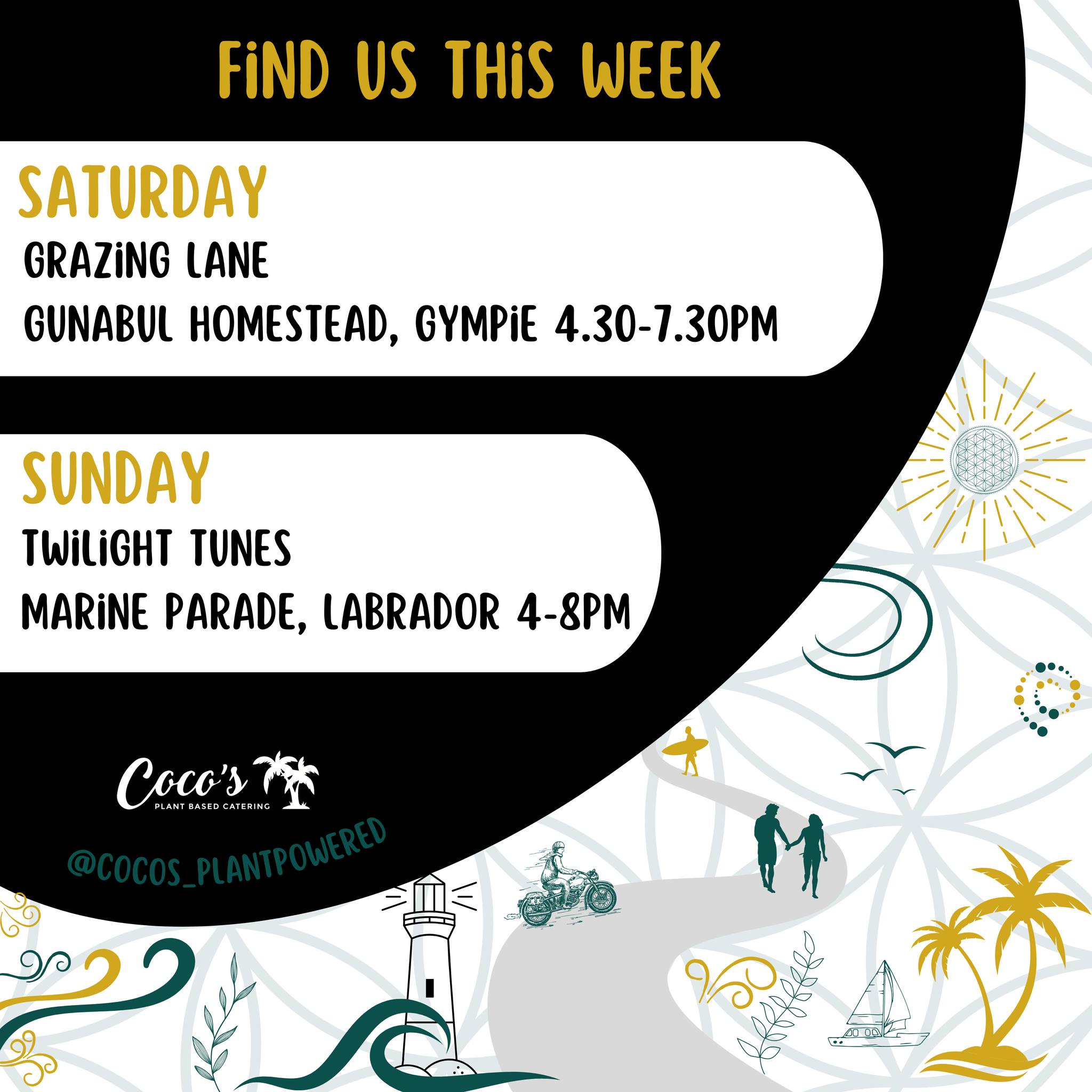 Catch us this week (weather permitting) at these 2 epic events.
We're off to Gympie on Saturday for the re-launch of Grazing Lane at Gunabul Homestead 🌴 @beehiveeventsgympie
Then on Sunday you can find us in Labrador for Twilight Tunes 🕺 @onlygoodtimeseventco
