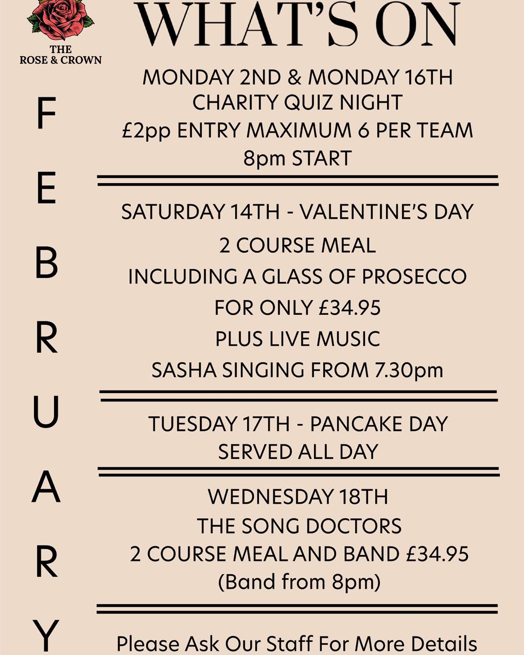 📅 What’s On This February at The Rose & Crown Brentwood ❄️🍻
February is the month of cosy pints, great food, and excuses to leave the house before you turn into a sofa burrito. 🌯🔥 Whether you’re escaping the cold, planning a date night, or just fancy a catch-up with friends, we’ve got the food, drinks, and good vibes waiting for you.
Come hungry, leave happy… and maybe a little bit full of chips. 😉
👉 Book a table here or give us a call on 01277 410805
https://web.dojo.app/create_booking/vendor/56Zde-9zdMk87e8zpQFmllJ3Ys3tPOtKa3FkzVjx31Q_restaurant
#RoseAndCrownBrentwood #WhatsOnBrentwood #FebruaryFun #PubLife #GoodFoodGoodMood #EssexPubs #DateNight #CatchUpWithFriends