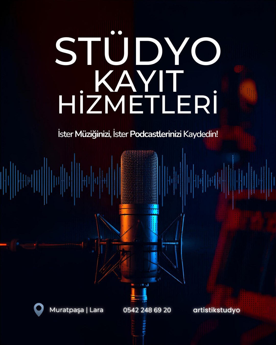 Sesinizin kalitesini bir üst seviyeye taşıyın! Artistik Stüdyo’da profesyonel ekipmanlar ve kusursuz akustik ile şarkılarınızı kaydediyoruz. Antalya Lara’nın merkezinde, hayalinizdeki o sound'u yakalamak için uzman teknik desteğimizle yanınızdayız. Müziğinizi dünyaya duyurmaya hazır mısınız?
Kayıt zamanı geldi! 🎤 Müzik ve podcast projeleriniz için en iyi ekipmanlarla profesyonel çözümler sunuyoruz. Teknik analizden son dokunuşlara kadar her aşamada yanınızdayız.
Artistik Stüdyo kalitesiyle tanışmak ve randevu almak için bize ulaşın: 0542 248 69 20
#stüdyo #müzikstüdyo #podcast #kayıt #prodüksiyon #artistikstudyo