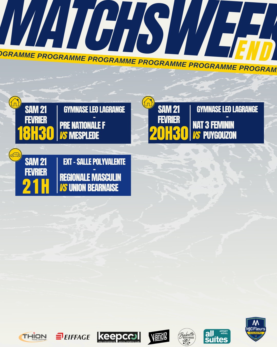 🌸 Programme du week-end 🌸
Samedi 21 Février ;
🏠 Gymnase Leo Lagrange:
-18H30, Pre-nationale F contre Mesplede
-20H30, Nationale 3 F contre Puygouzon
🚗 Extérieur :
- 21H, Régionale G à Argagnon contre Union Béarnaise (Salle polyvalente)
📸 @sowaho0
🙌 Partenaires ;
@Thion Equip'Elevage / @keepcoolpau / @vandbpau /
@all_suites / @babettebeerhouse