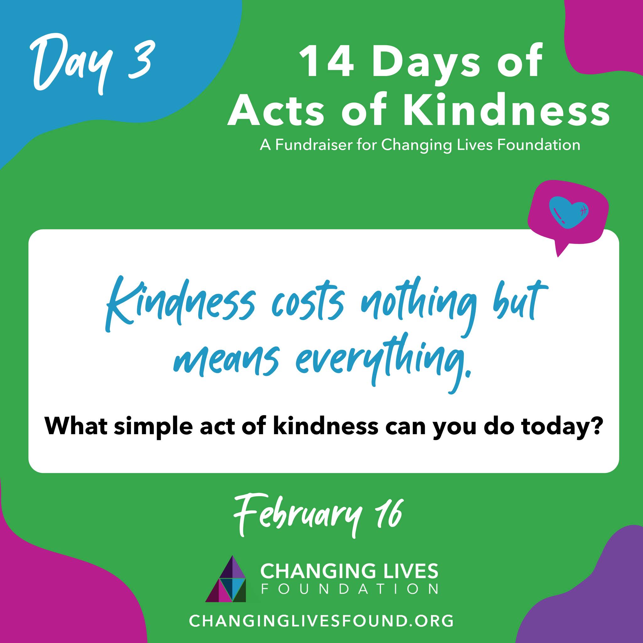 Let’s fill today with meaningful moments.
Comment your act of kindness and share this post to keep it spreading. ✨
#changinglivesfound #up2Him #nonprofit #fundraiser #kindness #actsofkindness #14days #february #day3