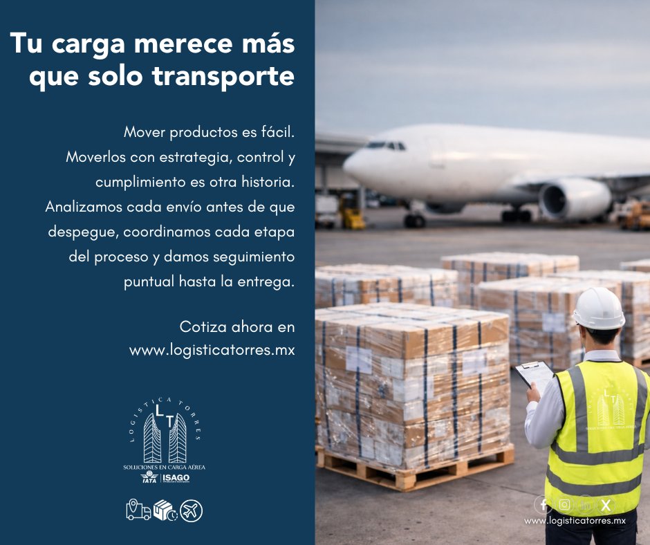 📦✈️ Tu carga merece más que solo transporte
Mover productos es fácil.
Moverlos con estrategia, control y cumplimiento es otra historia.
En Logística Torres analizamos cada envío antes de que despegue, coordinamos cada etapa del proceso y damos seguimiento puntual hasta la entrega.
Porque la logística bien hecha no se nota…
pero cuando falla, todos lo sienten.
📲 Hablemos de tu próximo proyecto.
✈️ Logística Torres. Operación que respalda resultados.
.
.
.
.
#LogísticaTorres #CargaAérea #TransporteAéreo #SolucionesLogísticas #OperaciónSegura #AliadoEstratégico #LogísticaProfesional #tucargasegura #tucargasegurayatiempo #logistica #volariscargo #logisticaytransporte #SomosLogisticaTorres #enviosnacionales