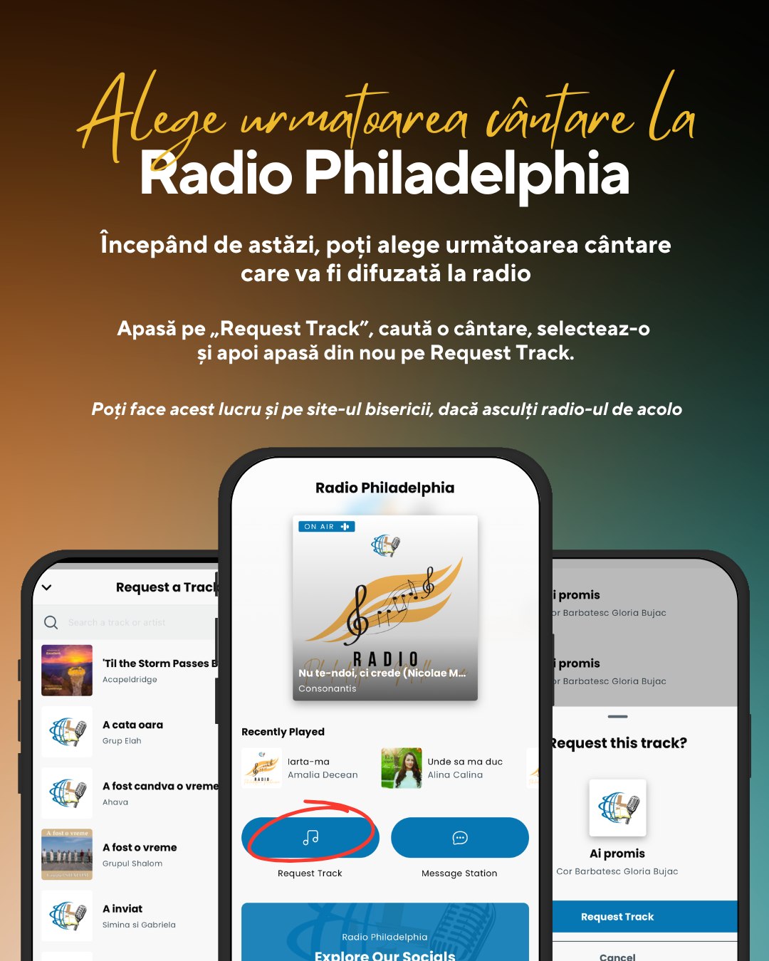 🎵 Vrei să auzi cântarea ta preferată la Radio Philadelphia?
Acum poți alege chiar tu ce se difuzează!
Intră în aplicație, apasă pe Request Track și trimite cererea ta.
Nu ai aplicația Radio pe telefon? Descarcă prin link-ul din bio.
Să-L slăvim pe Domnul împreună, prin cântare! 🙌💙