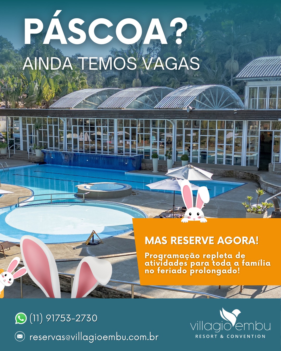 🌷🐰 Faça agora sua reserva — ainda dá tempo!
Viva uma Páscoa inesquecível no Villagio Embu Resort & Convention, a apenas 30 minutos da capital, com diversão para toda a família! ✨
🐣 Caça aos ovos • 🍫 Oficinas de chocolate • 🎶 Música ao vivo
💦 Piscinas • ⚽ Atividades recreativas • 🍽️ Gastronomia especial
⏳ Últimas vagas! Garanta seu pacote e aproveite cada momento do feriado.
👉 Link na bio ou chame no WhatsApp!
#PascoaNoVillagioEmbu #FaçaAgoraSuaReserva #AindaDaTempo #FeriadoDePascoa #ResortSP #ViagemEmFamilia #LazerCompleto #TurismoSP #EmbuDasArtes