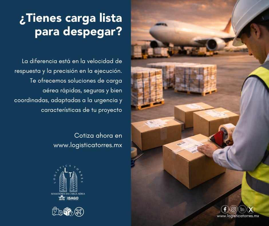 🚀📦 ¿Tienes carga lista para despegar?
En logística, la diferencia está en la velocidad de respuesta y la precisión en la ejecución.
En Logística Torres te ofrecemos soluciones de carga aérea rápidas, seguras y bien coordinadas, adaptadas a la urgencia y características de tu proyecto.
✈️ Respuesta ágil
📦 Manejo profesional
⏱️ Cumplimiento de tiempos
No dejes tu operación en manos improvisadas.
📲 Contáctanos hoy y mueve tu carga con respaldo experto.
✈️ Logística Torres. Velocidad con control.
.
.
.
.
#LogísticaTorres #CargaAérea #TransporteAéreo #SolucionesLogísticas #EnvíosSeguros #AliadoEstratégico #LogísticaProfesional #tucargasegura #tucargasegurayatiempo #logistica #volariscargo #logisticaytransporte #SomosLogisticaTorres #enviosnacionales