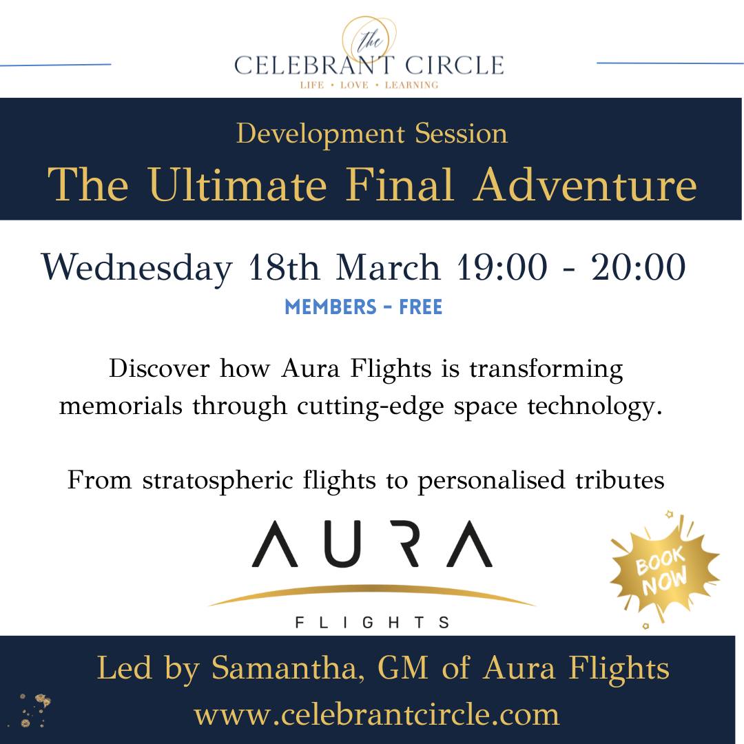 Celebrants - We invite you to join us to learn more about @ashesinspace and how it could be an incredible send-off for some families' loved ones.
Creating bespoke ceremonies is what celebrants are all about, and having the information to support our families is vital.
This will be out of this world 🚀
Book via your membership page - free event open to all - https://www.celebrantcircle.com/service-page/introduction-to-aura-flights
#celebrantbusiness #celebrantadvice #celebrantadvocate #celebrantdevelopment