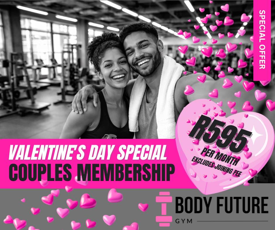 ❤️ VALENTINE’S DAY SPECIAL ❤️
Train together. Stay stronger together.
This Valentine’s Day, make fitness your love language 💥
Grab our Couples Membership for ONLY R595 per month 👯♀️🔥
💖 Perfect for gym couples
💪 Fully equipped training facility
🏋️♂️ Motivation hits different when you train together
📅 Valid until 14 February 2026
⏰ Limited-time Valentine’s special – don’t miss out!
📍 Body Future Gym
📲 Sign up now | DM / WhatsApp us or visit the club
Stronger together. Healthier forever. ❤️💪