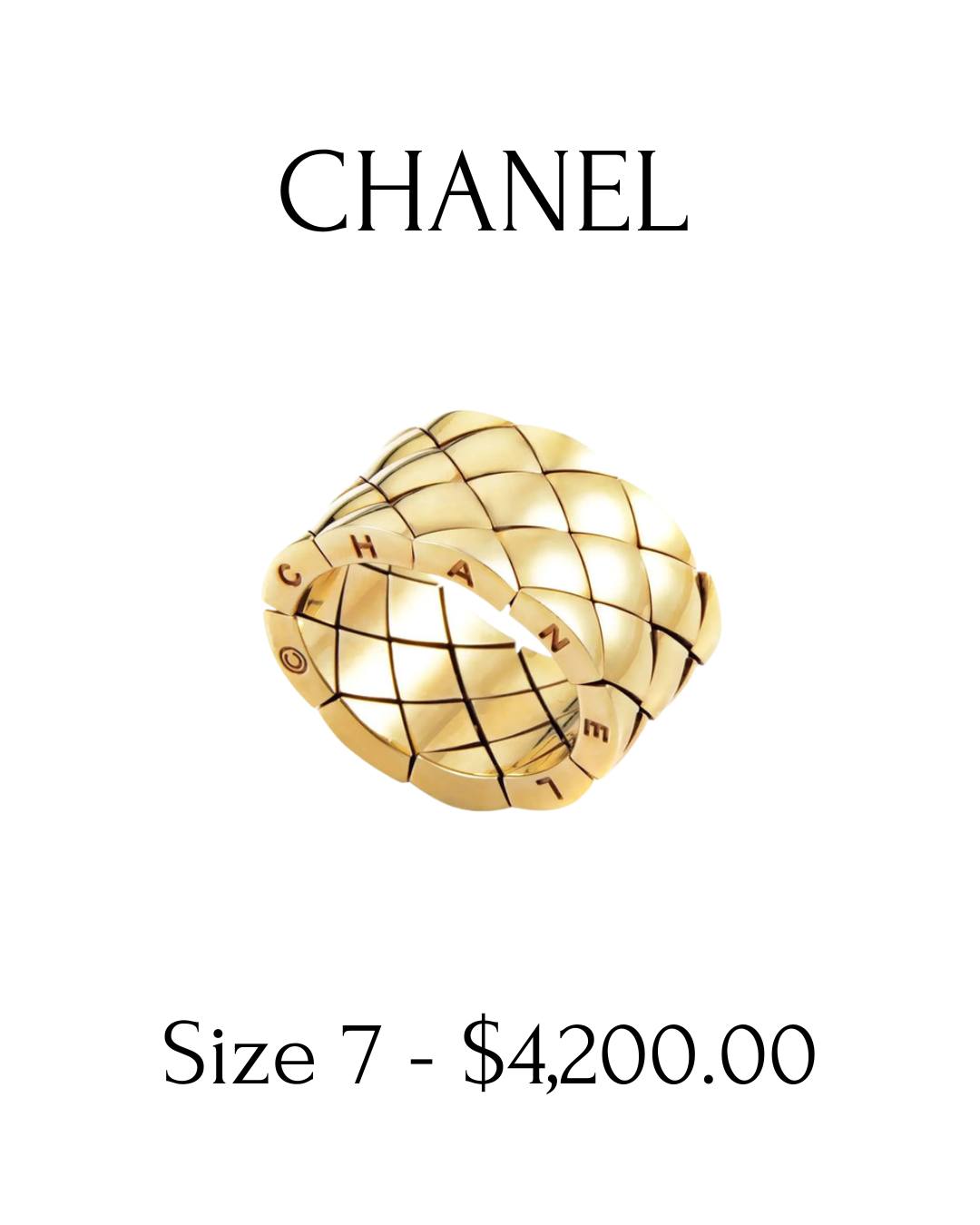Sunlight hits differently in gold. ☀️
CHANEL 18k yellow gold Matelassé ring featuring the signature quilted design — bold, refined, and made to stack or stand alone.
Size 7
Signed. Unisex.
#ChanelFineJewelry #LuxuryFinds #SpringAccessories #GoldJewelry #DesignerResale #BoutiqueStyle #InvestmentPieces