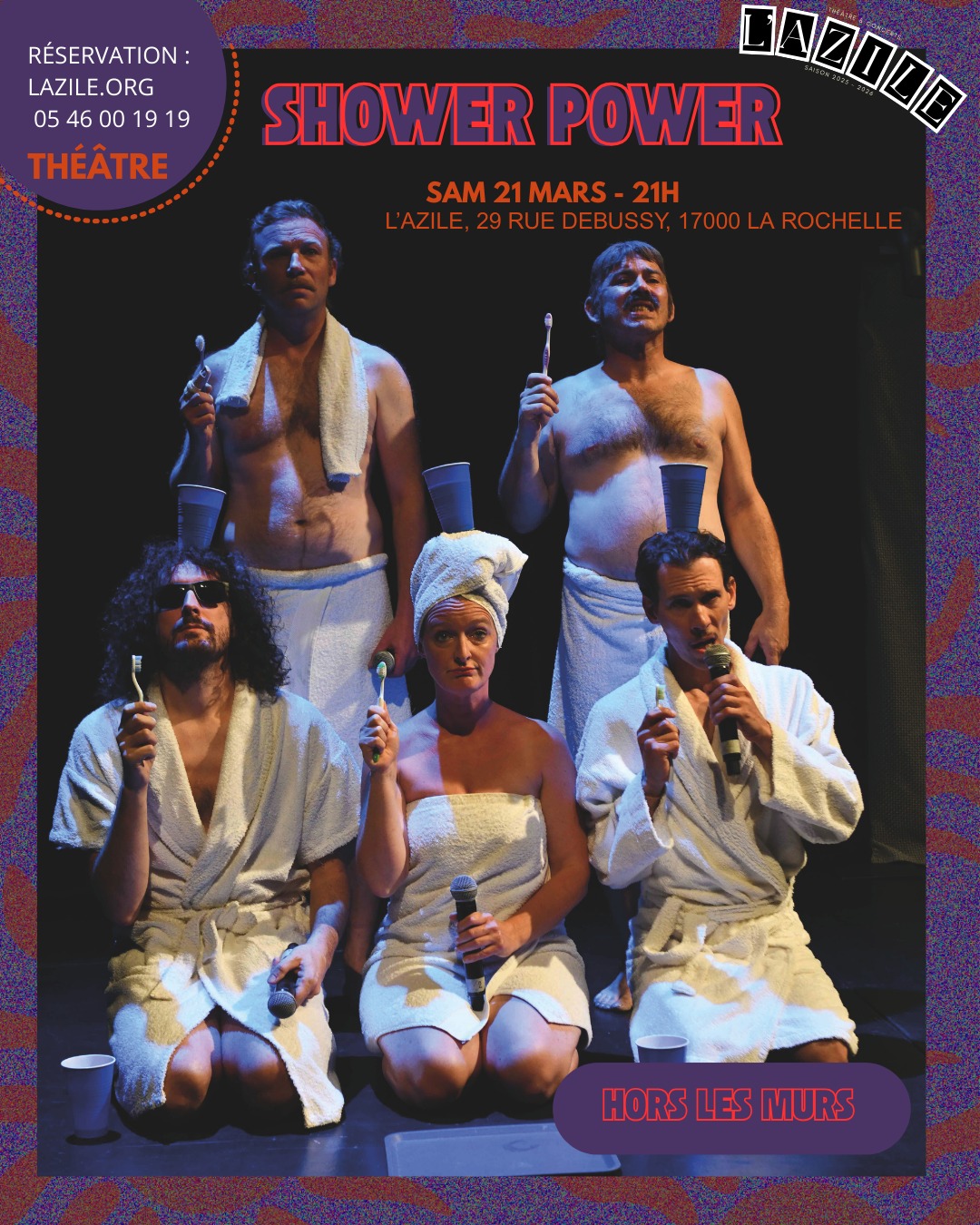 🎭Retrouvez Shower Power le samedi21 mars à la mairie de Longèves🚿✨
📖Cinq chanteurs sous la douche, une douce folie contagieuse et une salle de bains transformée en véritable terrain de jeu musical ! 100 % a cappella, le spectacle mêle polyphonies ciselées, beat-box explosif et situations burlesques où chaque personnage révèle toute la finesse de sa voix. Ils se gargarisent de pépites venues des quatre coins du monde, revisitant avec humour et créativité The Abyssinians, Freddie Mercury, Michael Jackson ou encore The Beatles, à travers des arrangements originaux et décoiffants.
Une soirée pleine de surprises, d’énergie et de rires, portée par la Communauté de Communes Aunis Atlantique et L'Azile Théâtre et Concerts et la mairie de Longèves.
🎫Billetterie : lazile.org/billetterie - 05 46 00 19 19