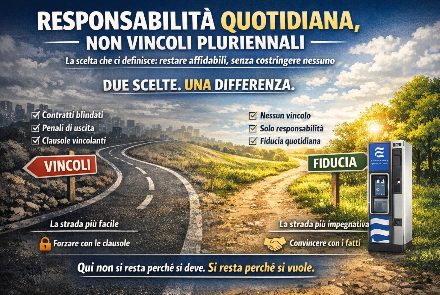 🔁 Restare per scelta, non per obbligo.
Nel mondo dei distributori automatici, questa frase non è solo un’idea controcorrente.
È un’intera filosofia di lavoro.
📌 In questo nuovo articolo ti raccontiamo la scelta più impegnativa che abbiamo fatto.
E perché continuiamo a difenderla, ogni singolo giorno.
👉 Scoprilo qui: www.eurocedibe.it/post/responsabilità-quotidiana-non-vincoli-pluriennali
#vending #clientecentrale #libertàdiscelta #servizioreale #eurocedibe #responsabilità #fiducia #businessetico