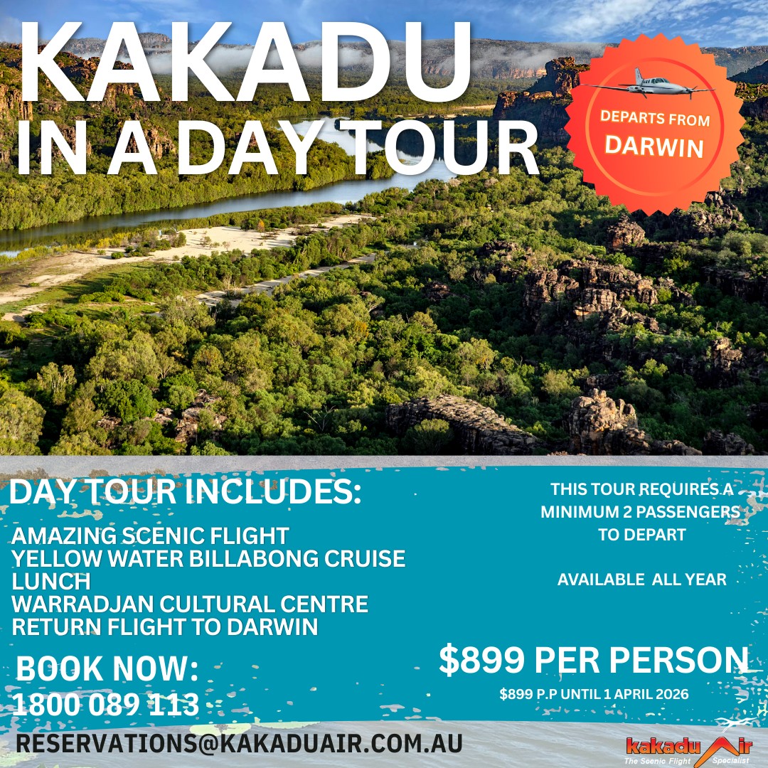 Product Showcase Day!
This week we’re featuring our most popular experience, Kakadu in a Day. Enjoy a stunning scenic flight from Darwin, a Yellow Water cruise, lunch in the park, a visit to the Warradjan Cultural Centre, and a relaxing flight back in the afternoon. It’s the perfect all-in-one Kakadu adventure.
Ready to experience it for yourself? Call us on 1800 089 113 or email reservations@kakaduair.com.au
to book your seat!