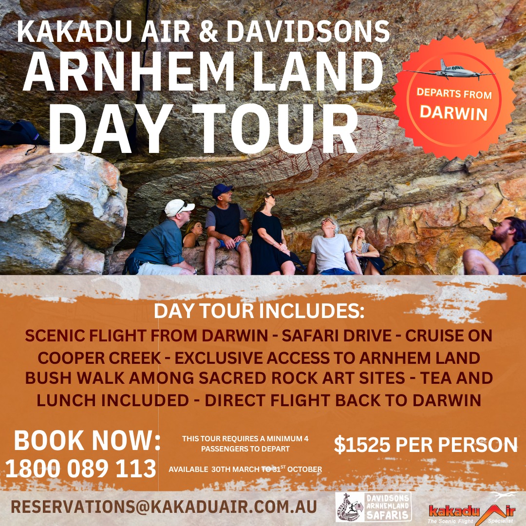Product Showcase Day!
This week we’re highlighting our exclusive Arnhem Land Day Tour in partnership with Davidson’s Arnhem Land Safaris. Fly from Darwin over Kakadu before stepping into a rare cultural and wilderness experience. Enjoy guided bush and boat tours, ancient rock art, incredible wildlife, and lunch at the lodge, all in one unforgettable day.
Access to this region is limited, making it a truly special adventure.
Ready to explore Arnhem Land? Call us on 1800 089 113 or email reservations@kakaduair.com.au
to book your seat!