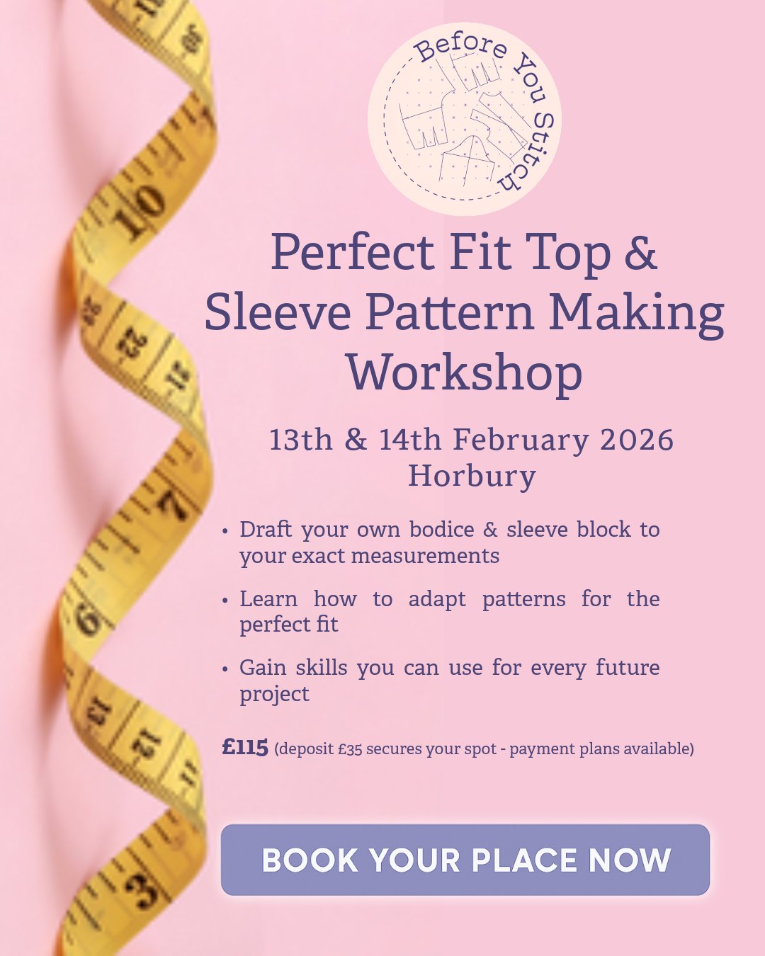 Fancy creating a pattern block that is a YOU size?
Hosted at @stitchmakecreate in Horbury.
Further information can be found on the website...
www.beforeyoustitch.com
Hope to see you soon xx