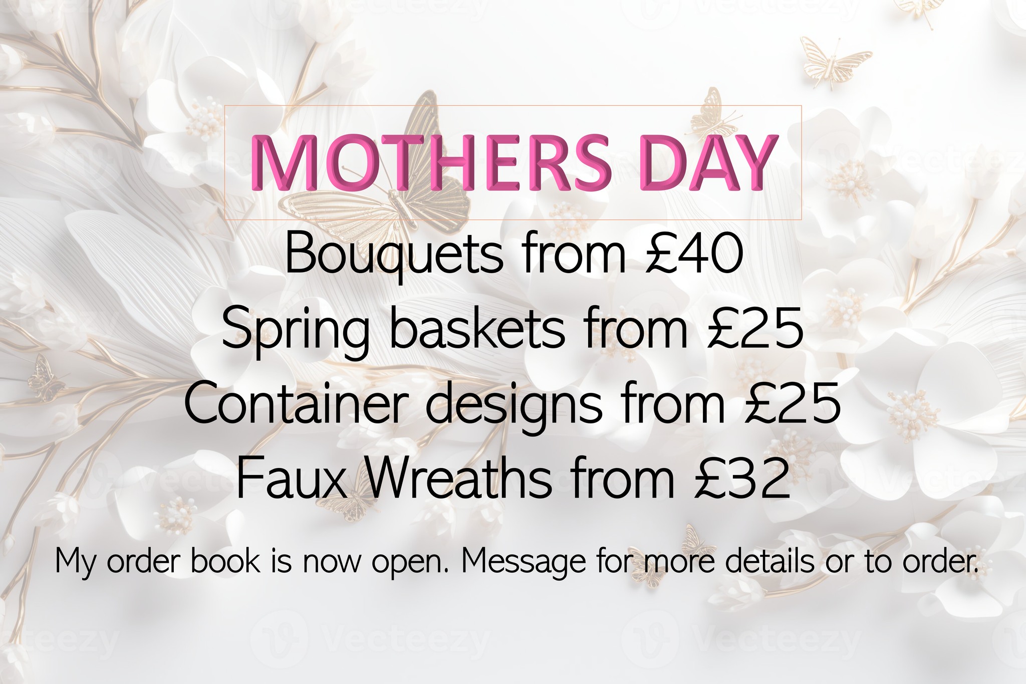 My Mother's Day Order Book is now available. I am pleased to offer a curated selection of designs featuring seasonal flowers and foliage. Please inquire for further details and to place your order. #MothersDay #flowers #bouquetsformothersday #makesomeonesdaybrighter #positivity