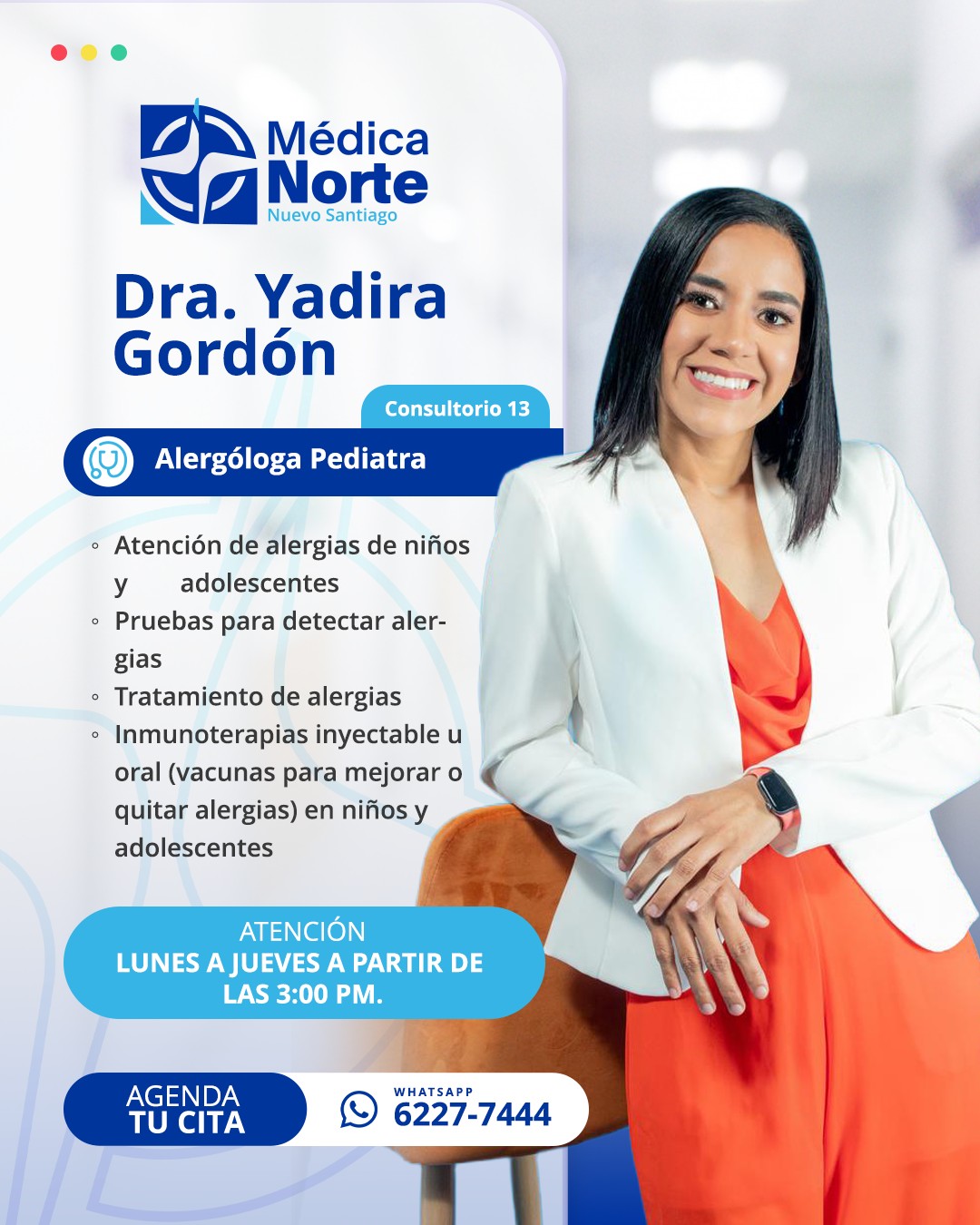 La salud de los más pequeños requiere atención especializada y orientación médica oportuna.
En Médica Norte, la Dra. Yadira Gordón, especialista en Alergología Pediátrica, brinda evaluación y manejo integral de alergias en niños, con un enfoque personalizado para cada caso.
Cada consulta se orienta a identificar la causa, establecer el tratamiento adecuado y acompañar a la familia con una guía clara para el cuidado continuo.
📲 Agenda tu cita: 6633-1100
☎️ Línea fija: 950-0047
📍 Médica Norte
#MédicaNorte #AlergologíaPediátrica #SaludInfantil #CuidadoPediátrico #TuGuíaAUnaMejorSalud ##atencionespecializada