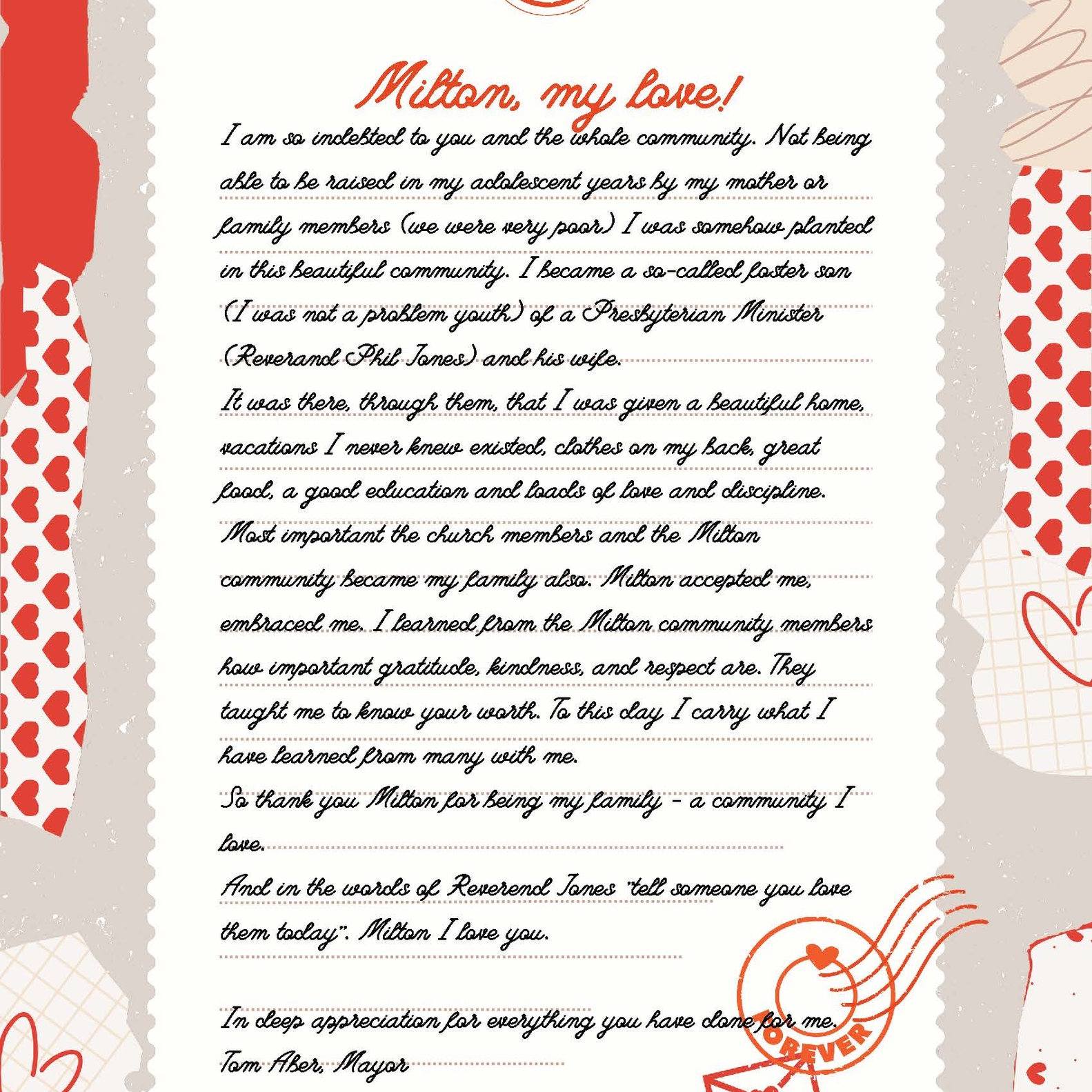 Happy Valentine’s Day from Milton Community Center.
Today we’re sharing a Love Letter to Milton from our Mayor- and favorite neighbor-Mayor Tom Aber, whose story reminds us how deeply this community cares for its own. His gratitude, kindness, and love for Milton reflect the very spirit that makes this place home. Thank you, Mayor Aber.