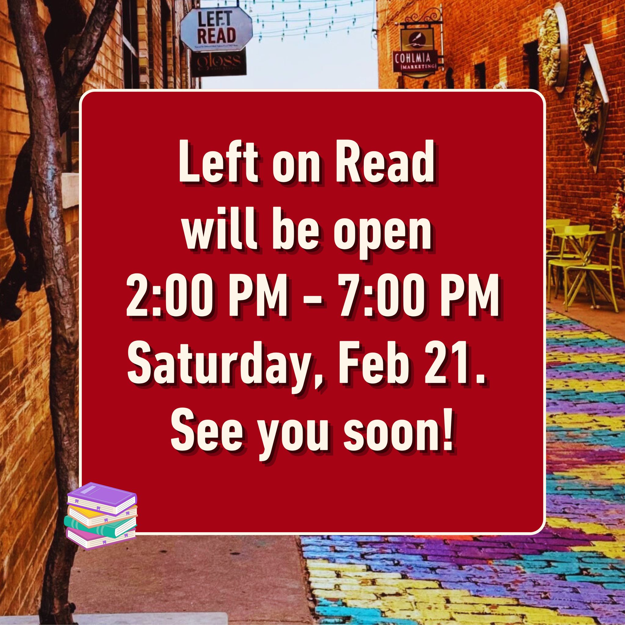 Just a quick reminder that today (2/21), Left on Read will open 2:00 PM - 7:00 PM, as Dr. Tasha will be serving as a panelist at Bossed Up & Banked, a free financial empowerment workshop for women, presented by the Wichita Alumnae Chapter of Delta Sigma Theta Sorority, Inc.
Weāll look forward to seeing yāall at 2:00 PM!š