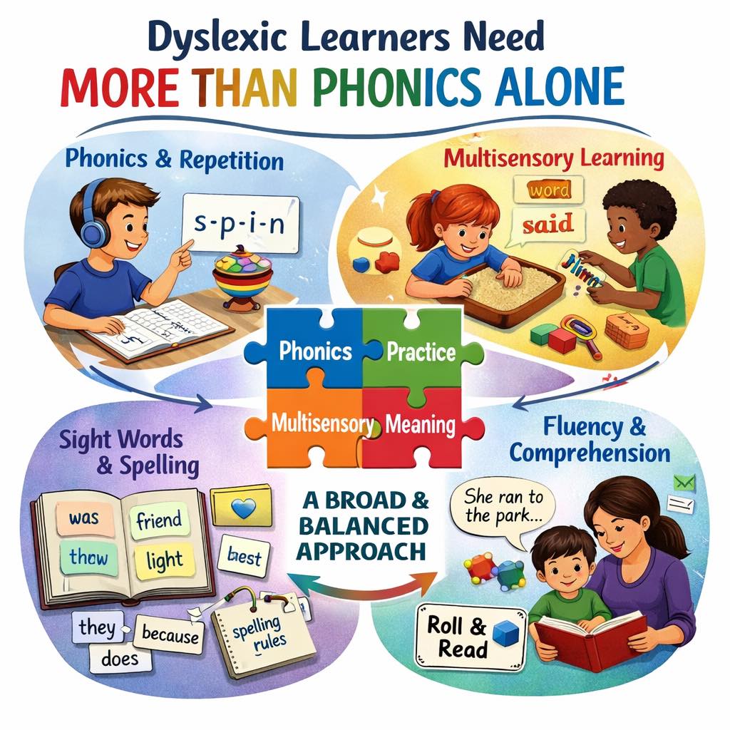 Phonics instruction does not always work for every dyslexic learner and that’s important to understand.
Phonics is a vital part of learning to read, but some dyslexic children need more than phonics alone to make progress. Difficulties with phonological memory, processing speed, and automatic recall can mean that skills don’t always transfer into fluent reading and spelling.
This doesn’t mean phonics is wrong.
It means the approach needs to be broader and more structured.
What often helps:
• Explicit, systematic phonics teaching
• Overlearning and repetition over time
• Multisensory strategies (say it, build it, write it, use it)
• Direct teaching of sight words and spelling patterns
• Support for memory and processing load
• Reading practice that builds fluency, not just decoding
For many dyslexic learners, progress happens when we combine:
phonics + repetition + multisensory learning + meaningful reading.
Every profile is different. What works for one child may not work for another — and that’s why early identification and tailored support matter so much.
#Dyslexia #Phonics #LiteracySupport #SEN #ParentSupport #LADsLiteracy