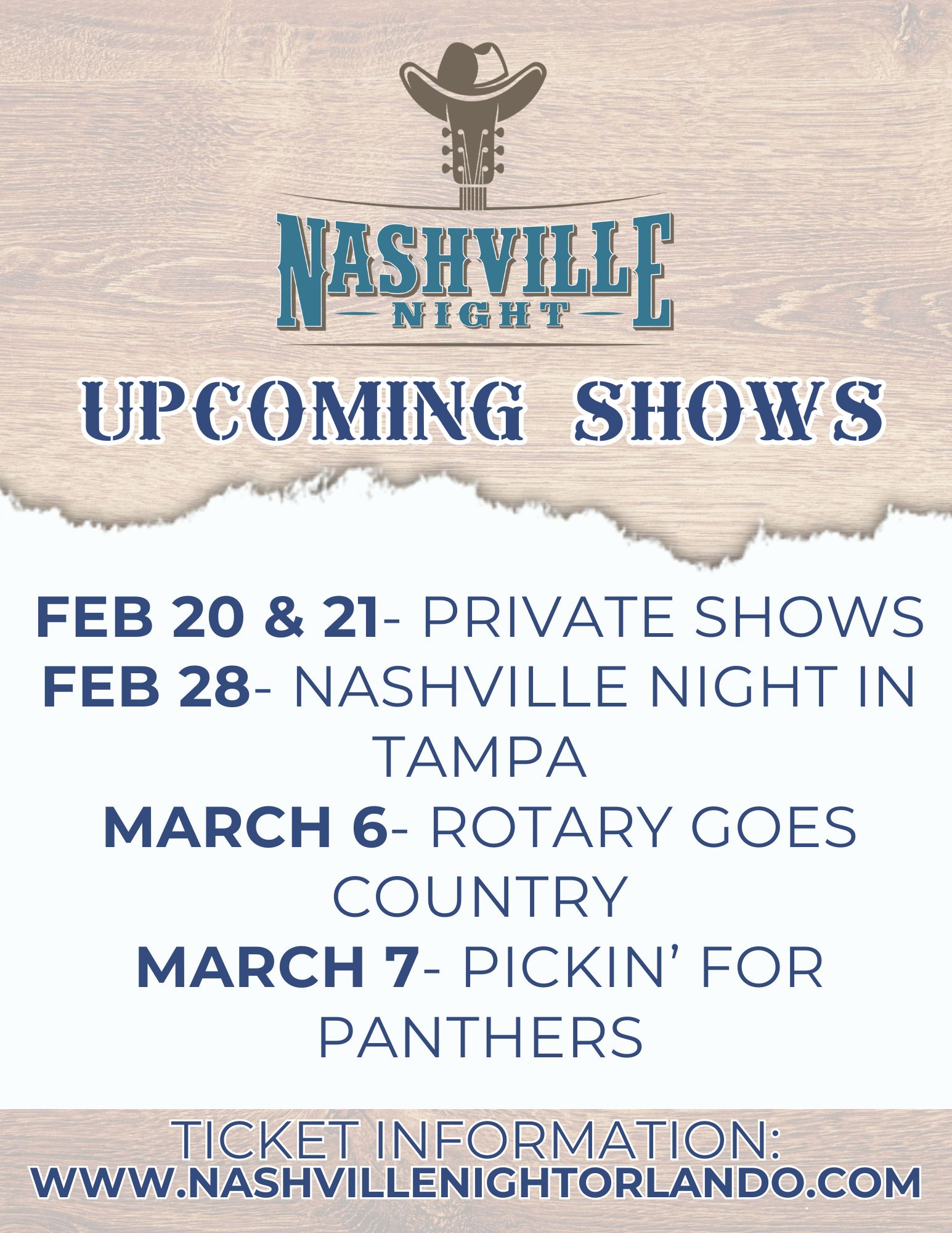 Busy few weeks ahead but we can't wait! Incredible line ups for all of these shows.
February 28th- Nashville Night In Tampa has very limited tickets
March 6th- Rotary Goes Country- Low tickets but still some tickets available. Get them while you can! www.rotarycluboforlando.org
Thank you to all of you for your continued support! See y'all soon!
www.nashvillenightorlando.com