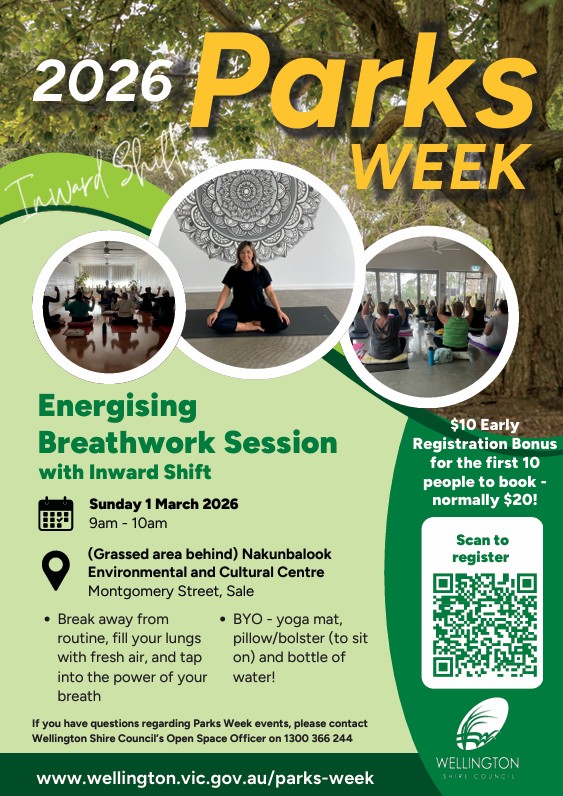 🌿Parks Week 2026🌿
Outdoor sessions have always been my favourite 🥰
There's something about practicing outside that feels deeply regulating for me. Breathing fresh air, being under the trees, the sounds of the birds and feeling the earth beneath you... I honestly just love it!
I am excited to be back again for Parks Week this year, offering three outdoor sessions
🌟 Two Breathwork sessions
🌟 One Sound bath
These are all designed to help you reset, reconnect and regulate in beautiful outdoor locations across Sale throughout Parks Week 🫶
The first 10 spots of each session are available for $10 thanks to support from the Wellington Shire. Once those are booked, tickets return to $20.
Bookings can be made via
👉 The QR Code on the flyer
👉 www.inwardshift.com.au
👉 Or through the Wellington Shire Parks Week events page
There are so many great events happening throughout the week. Check out the full Parks Week program here on the Shire website 🌿
https://www.wellington.vic.gov.au/environment/parks-week
I'd love to see you there! 🫶
#parksweek2026 #wellingtonshire #inwardshift #outdoorwellbeing #themiddleofeverywhere #sale3850